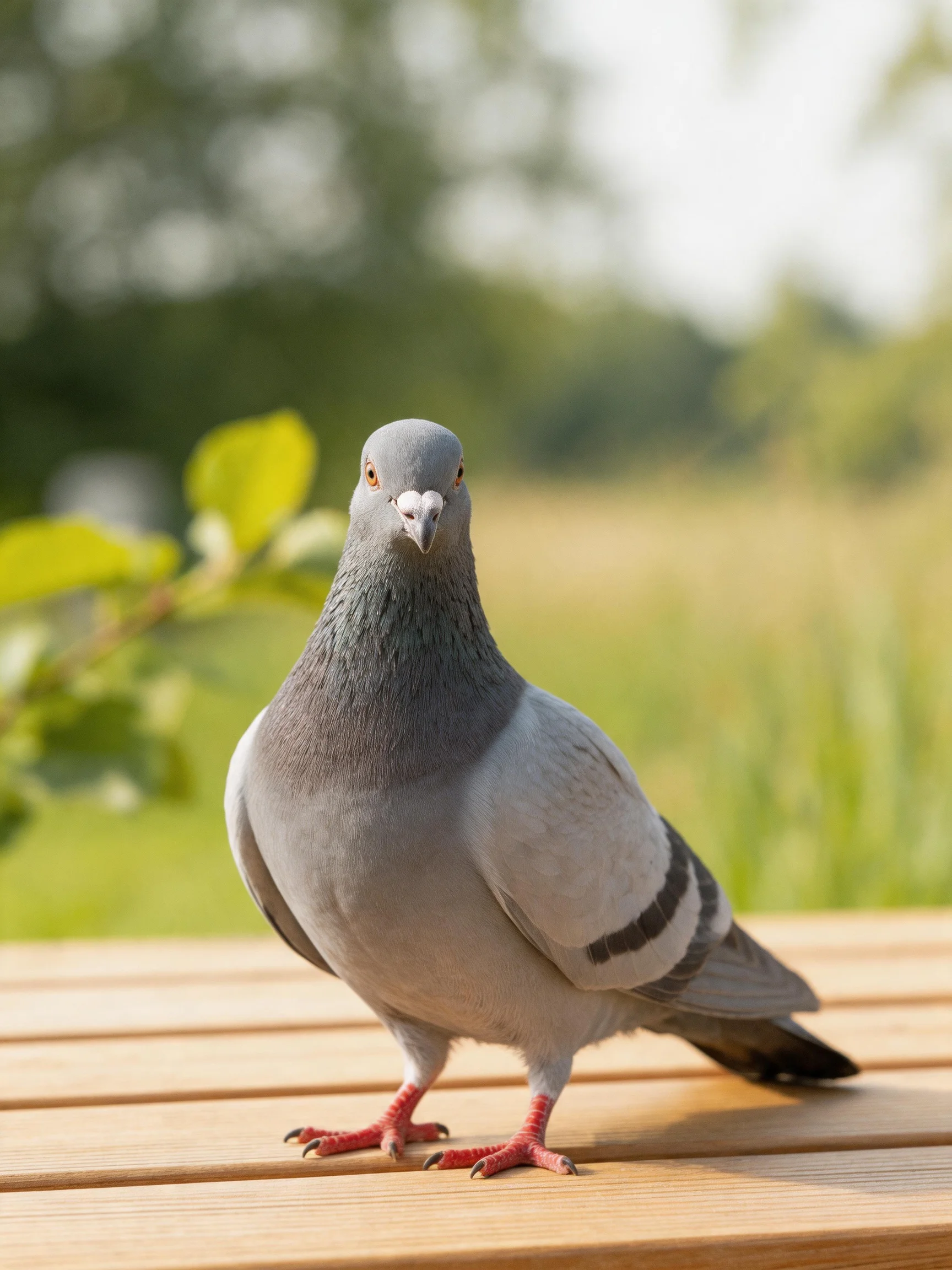 A gray pigeon perched on a wooden bench near greenery