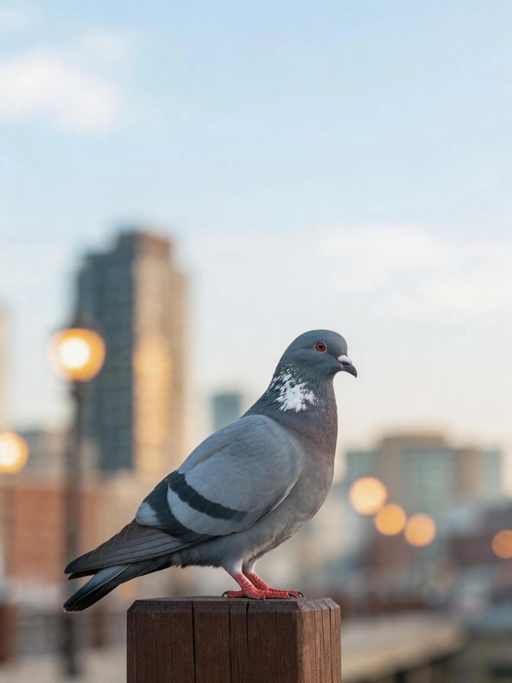 A gray pigeon perched on a wooden post near city buildings
