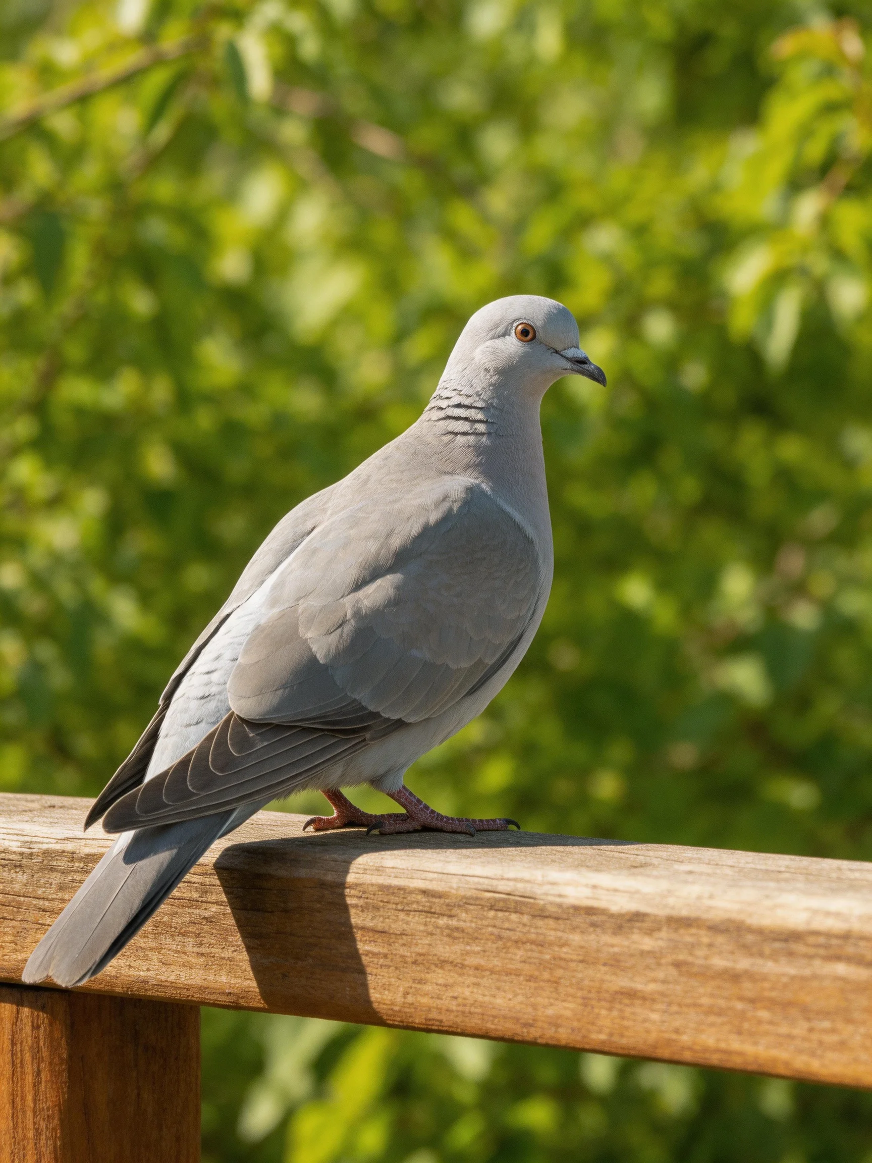 A gray pigeon perched on a wooden railing amid green foliage