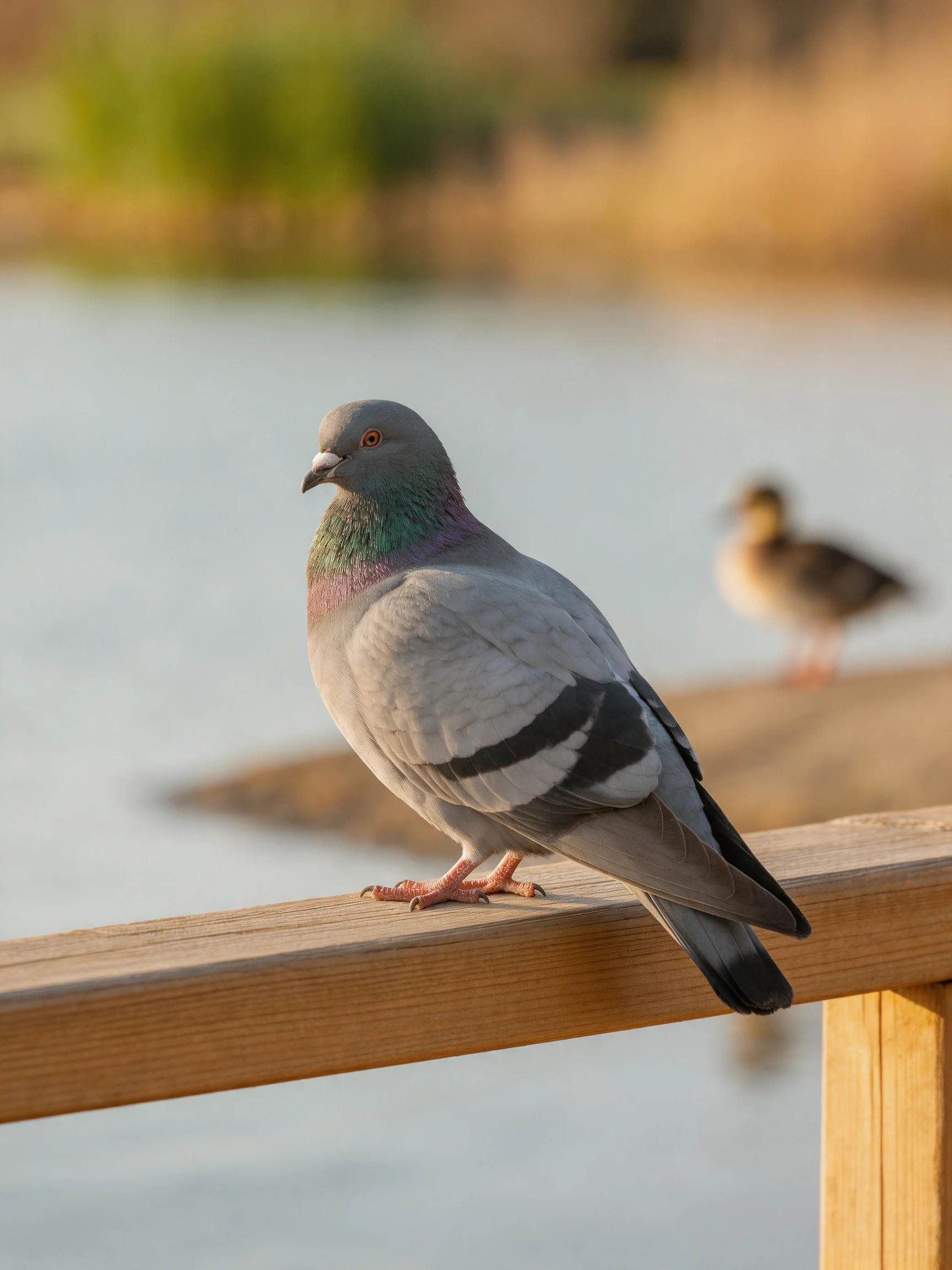 A gray pigeon perched on a wooden railing near a duck by calm water