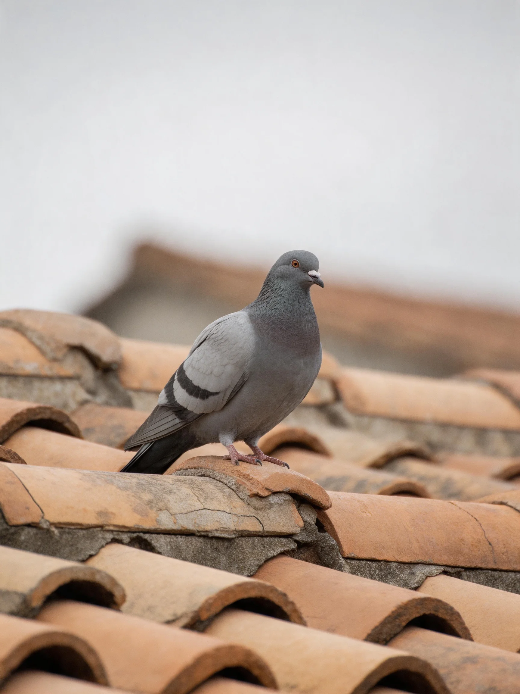 A gray pigeon perched on aged terracotta roof tiles