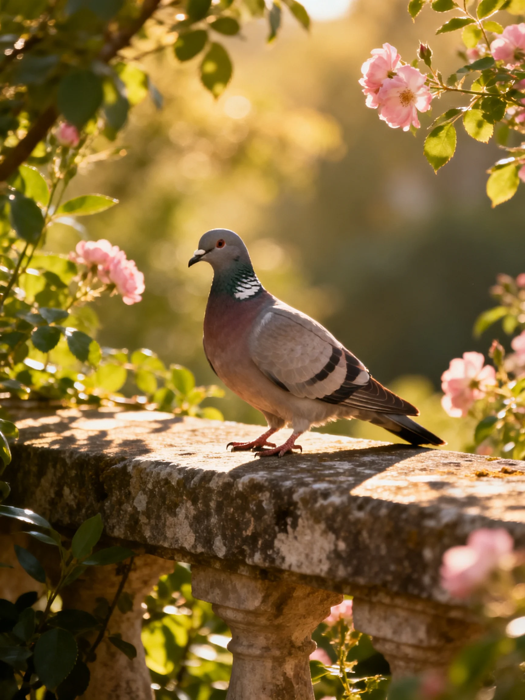 A gray pigeon perched on an aged stone ledge amid pink roses