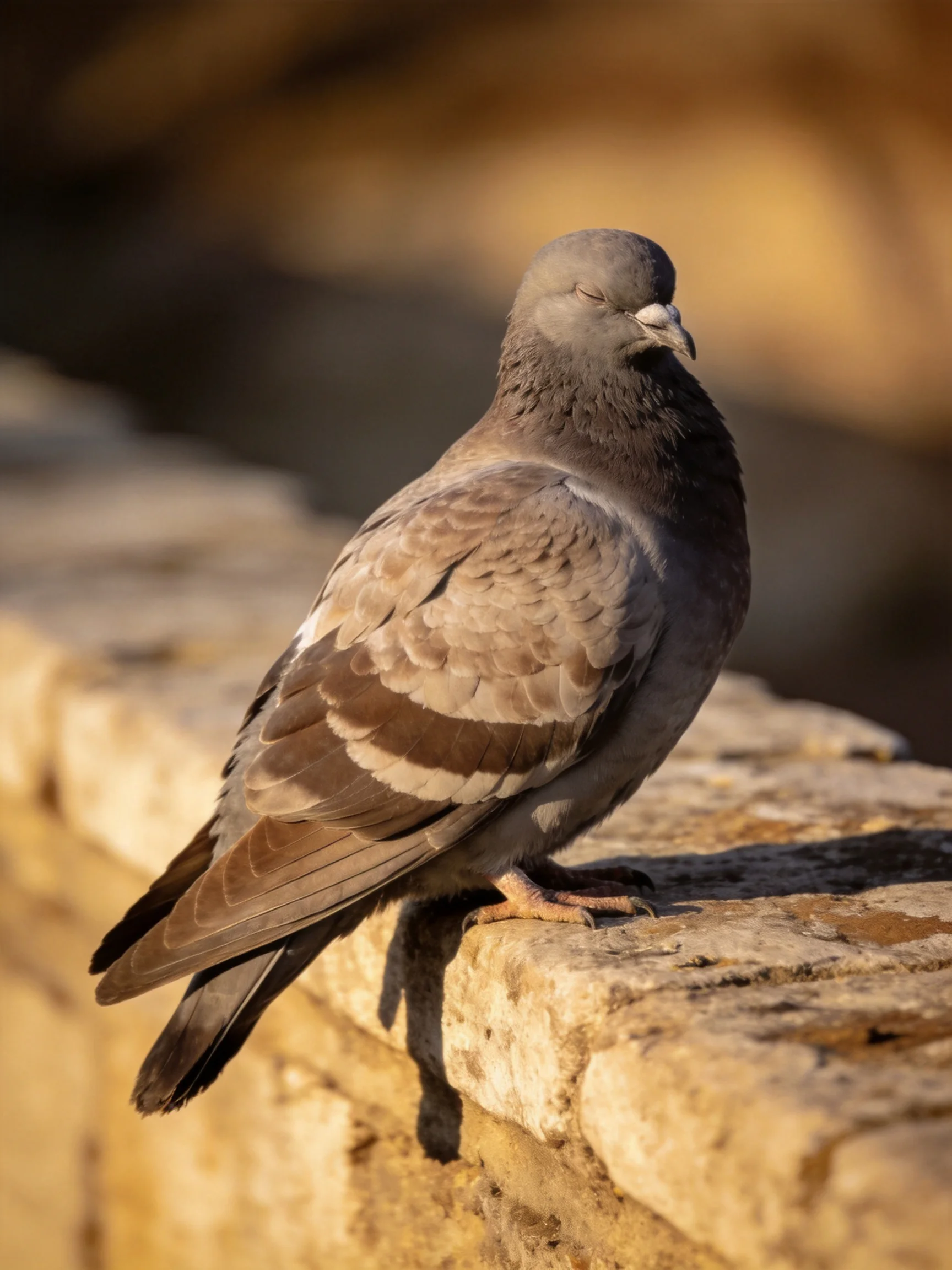 A gray pigeon perched on an aged stone ledge in golden light