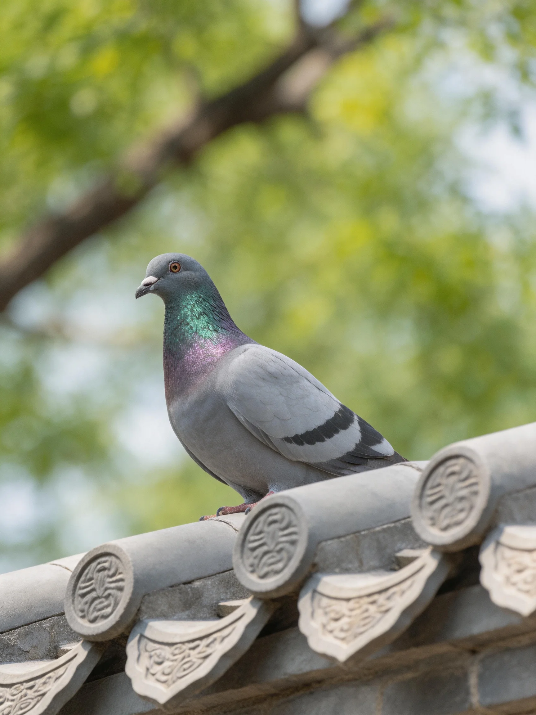 A gray pigeon rests on intricately designed roof tiles with greenery in the background.