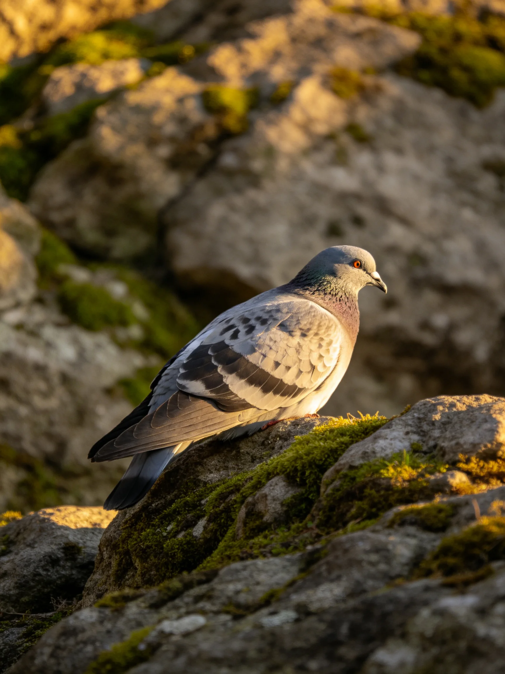 A gray pigeon perched on moss-covered rocky terrain under golden light