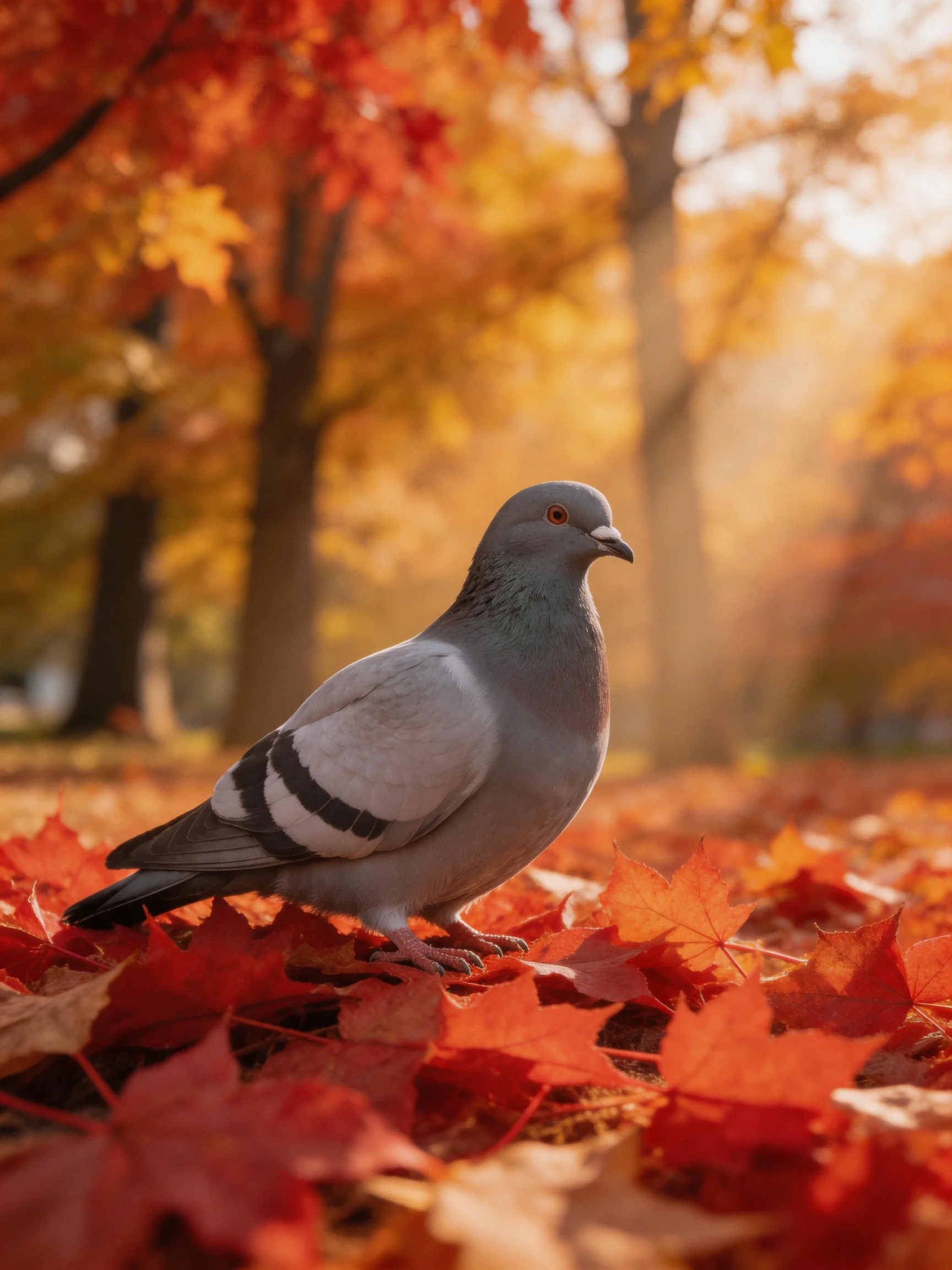 A gray pigeon rests on autumn leaves in a sunlit forest with golden trees