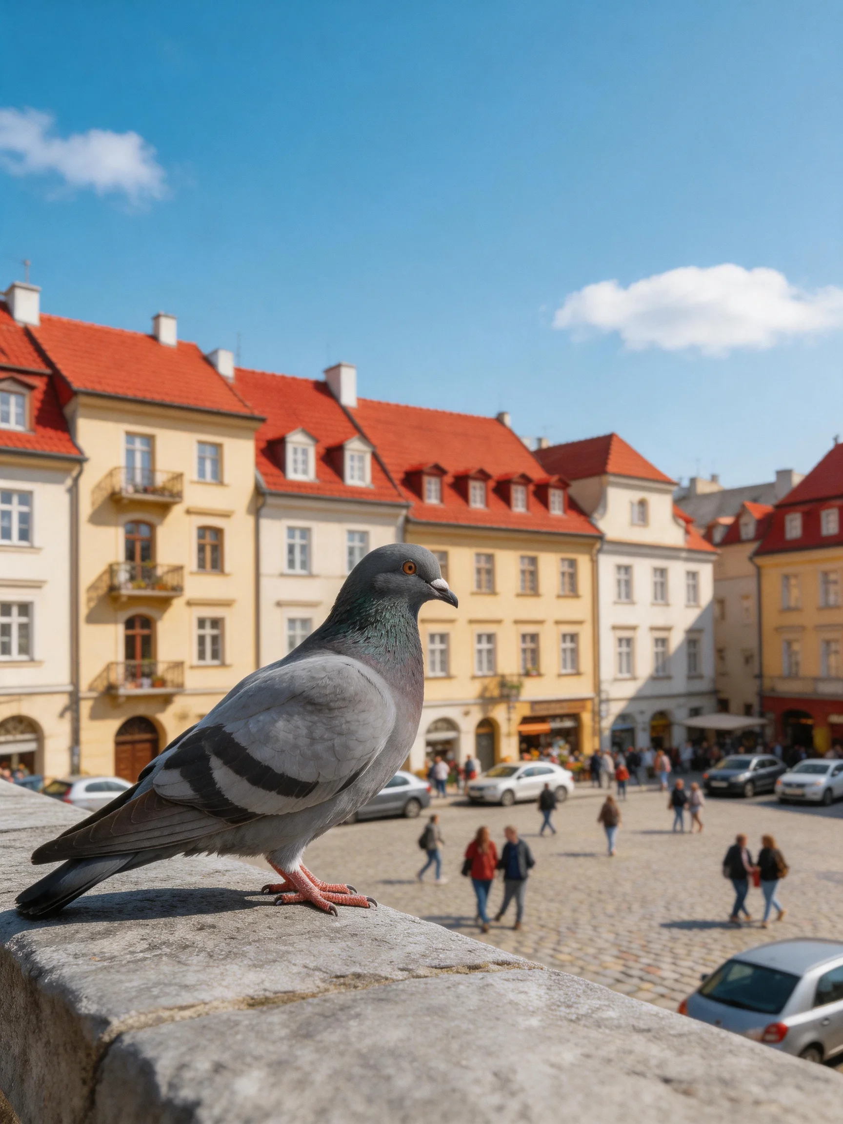 A gray pigeon perched on stone near colorful European town square