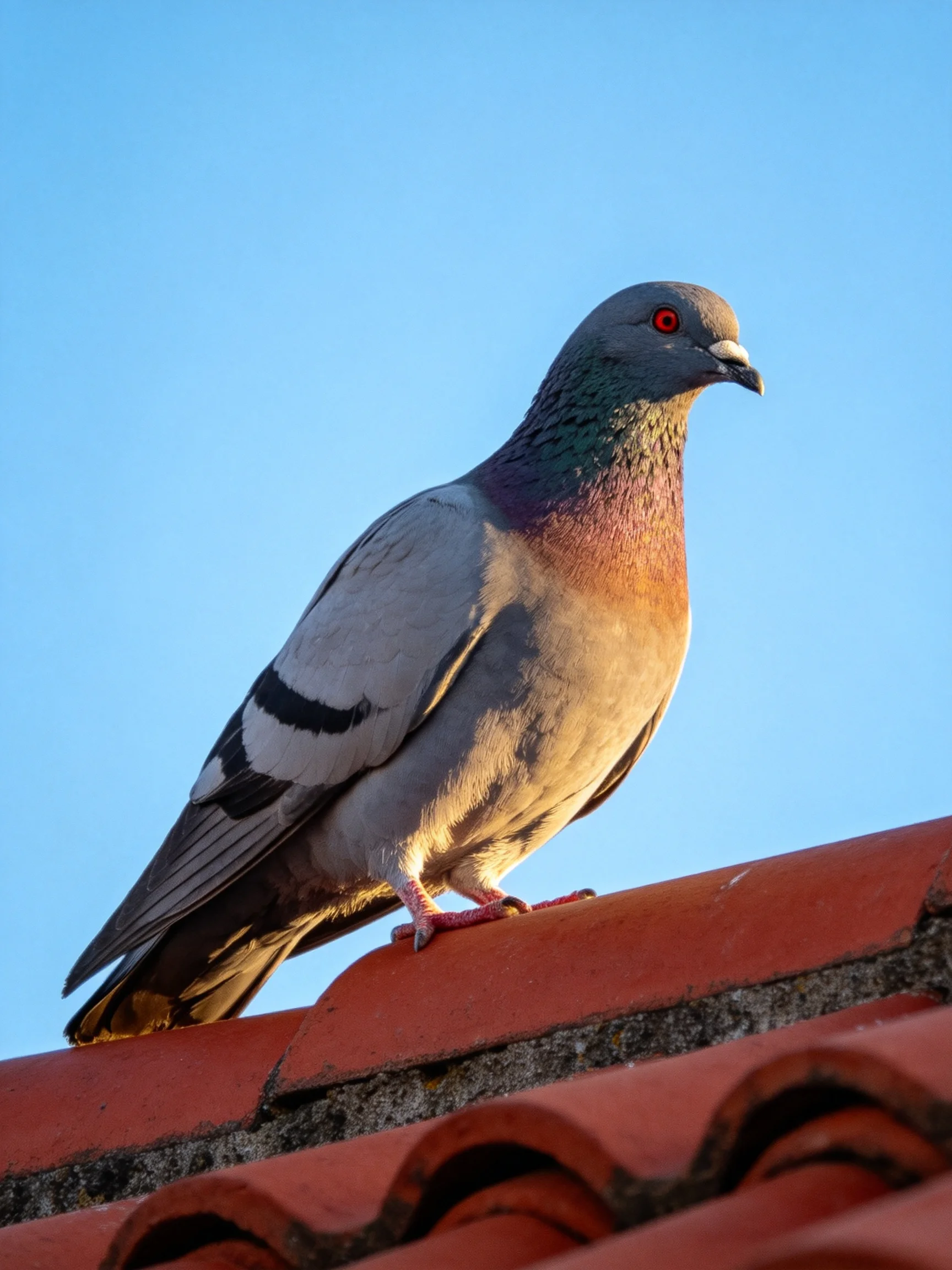 A gray pigeon perched on terracotta-tiled roof under blue sky