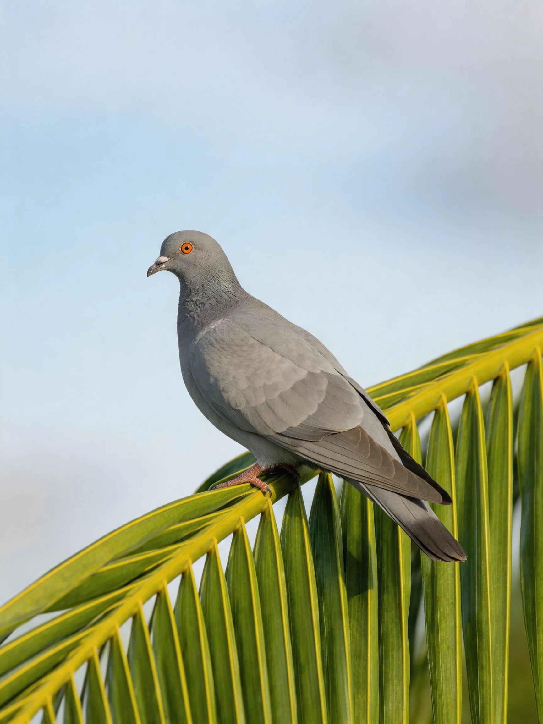 A gray pigeon rests on bright green palm fronds beneath an open sky.