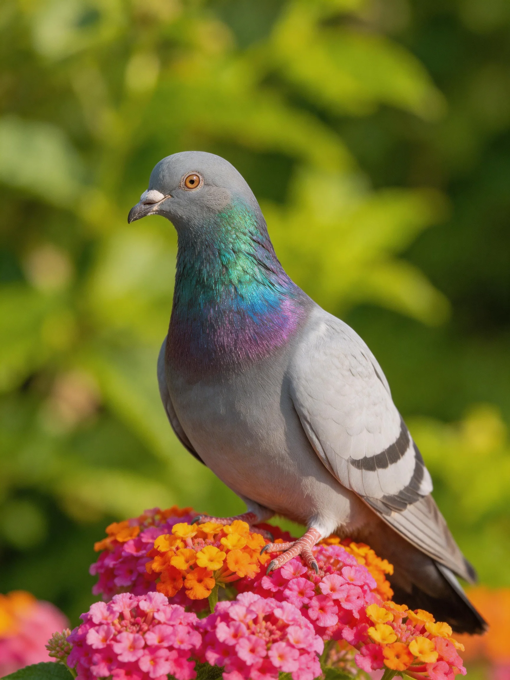 A gray pigeon rests on colorful flowers amid green foliage.