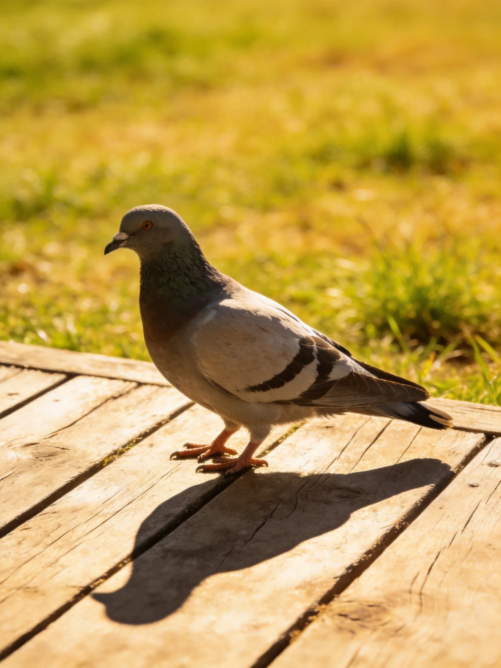 A gray pigeon perched on weathered wooden planks by green grass
