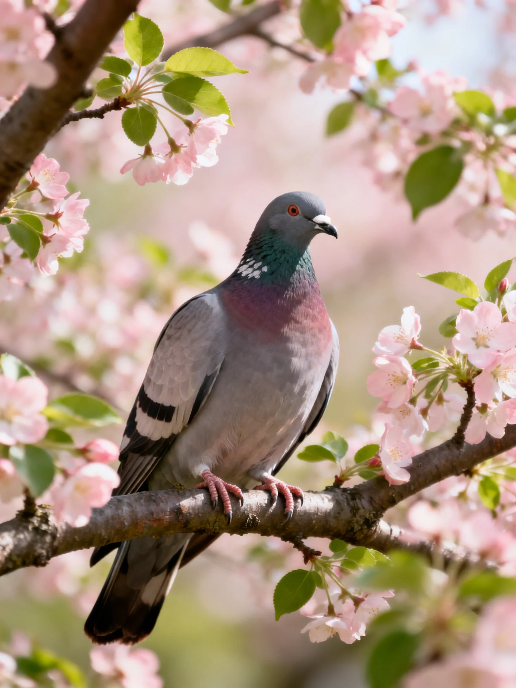 A gray pigeon perches amid vibrant pink blossoms and green foliage