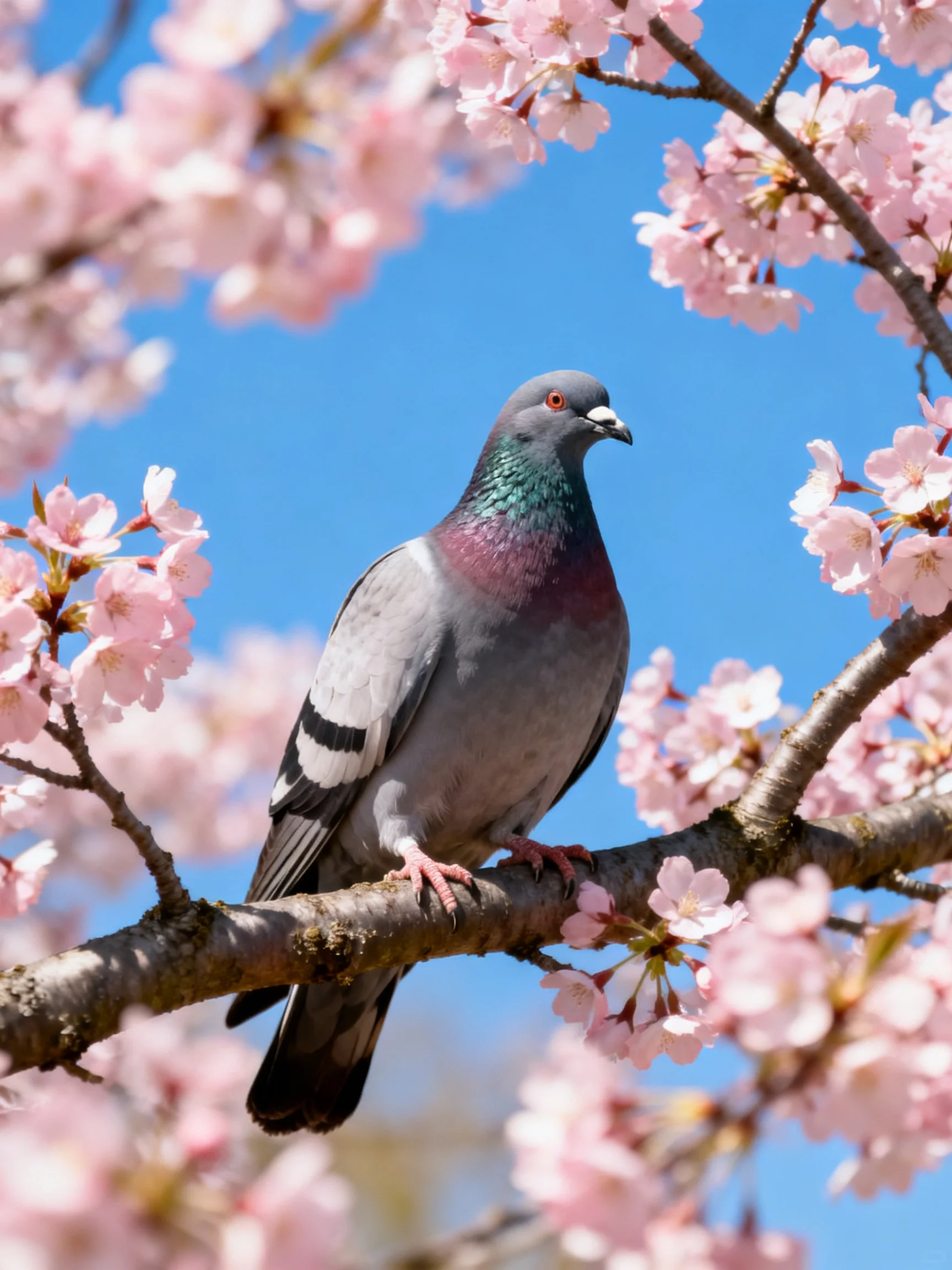 A gray pigeon perches among vibrant pink cherry blossoms under clear blue sky