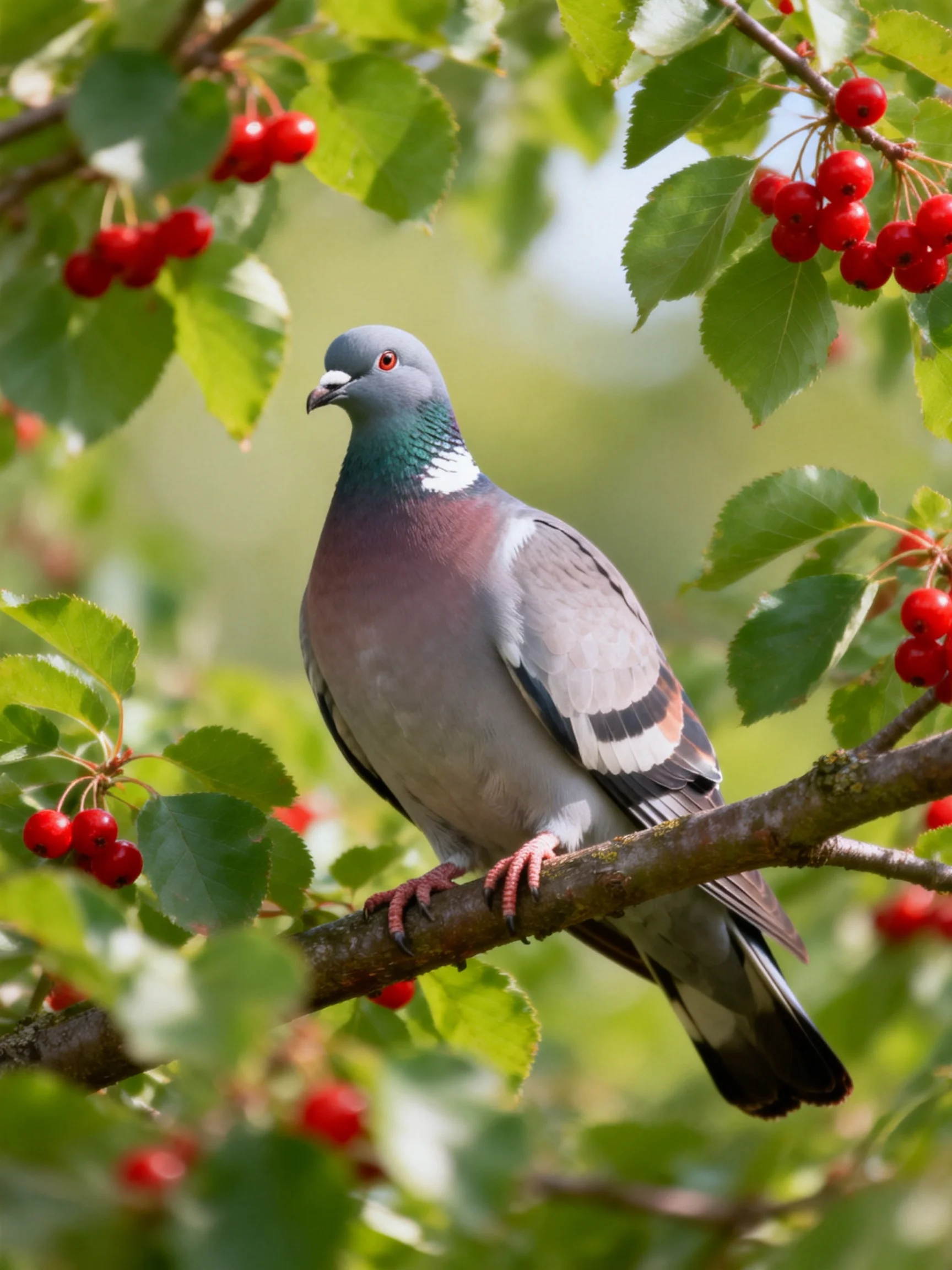 A gray pigeon perches among vibrant red berries and green foliage