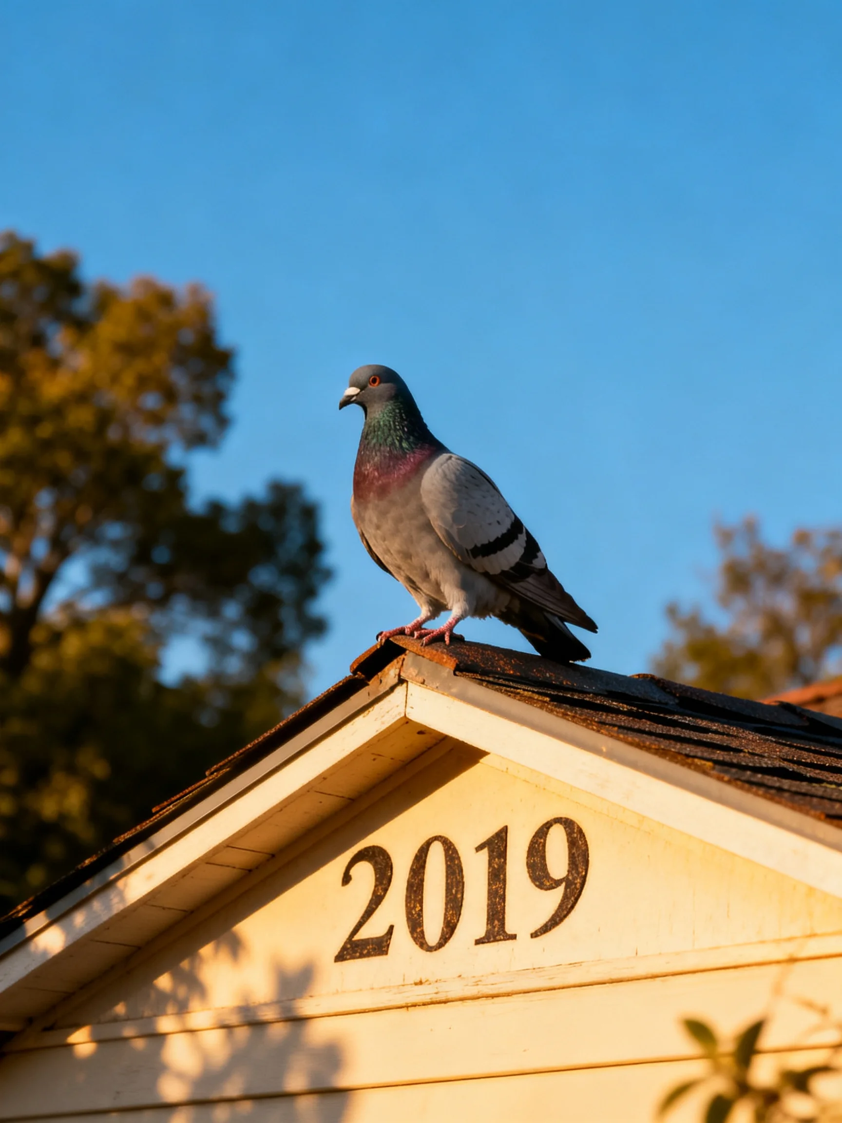 A gray pigeon perches atop a house marked 2019 under a clear blue sky