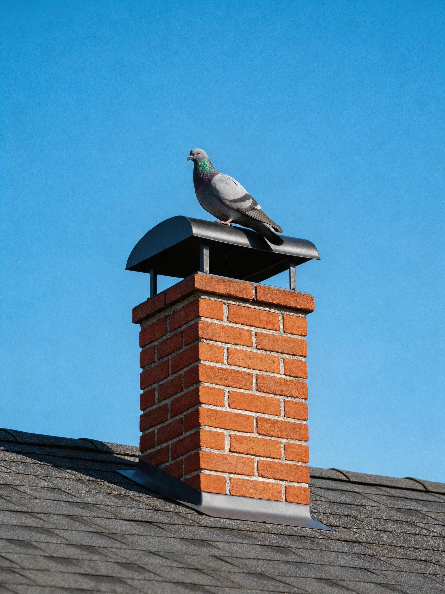 A gray pigeon perches atop a red-brick chimney under a clear blue sky