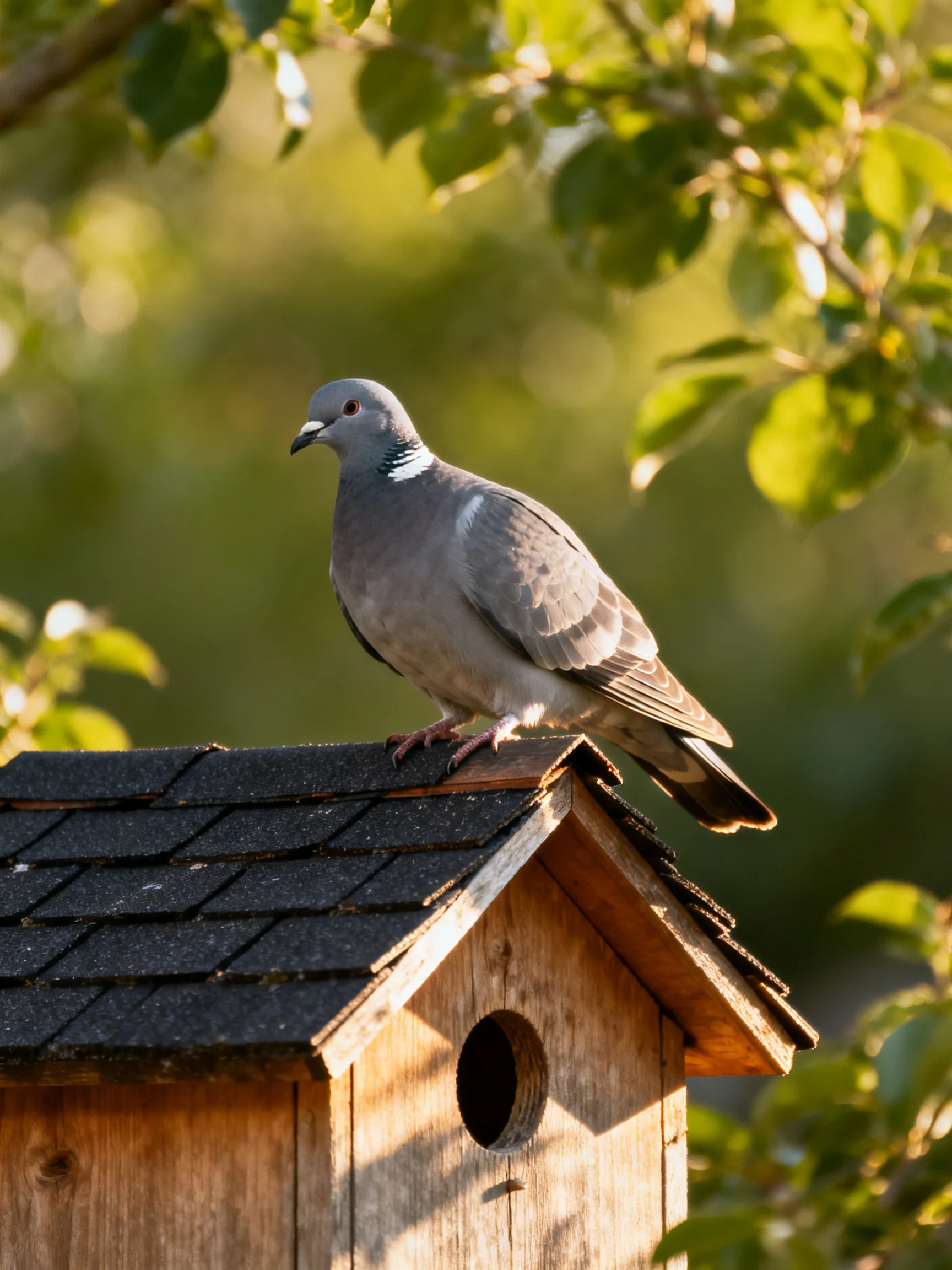 A gray pigeon perches atop a wooden birdhouse amid green foliage