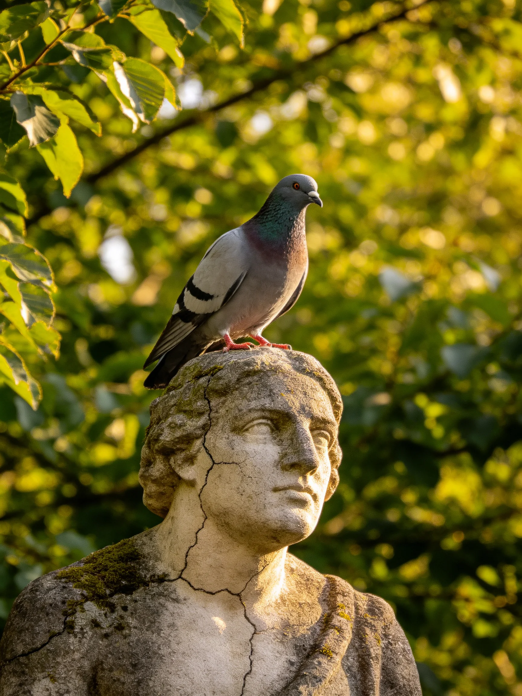 A gray pigeon perches atop an aged stone statue amid lush green foliage
