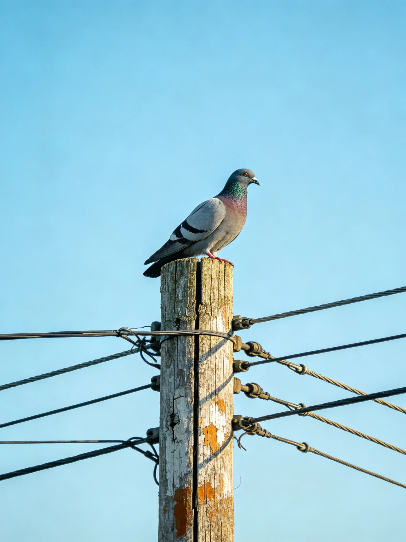 A gray pigeon rests on an aged wooden pole near electrical wires