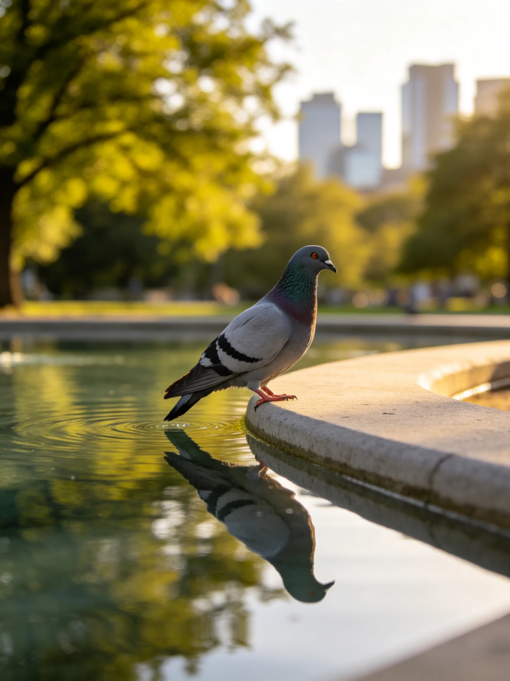 A gray pigeon perches by a reflective water fountain in a sunlit park