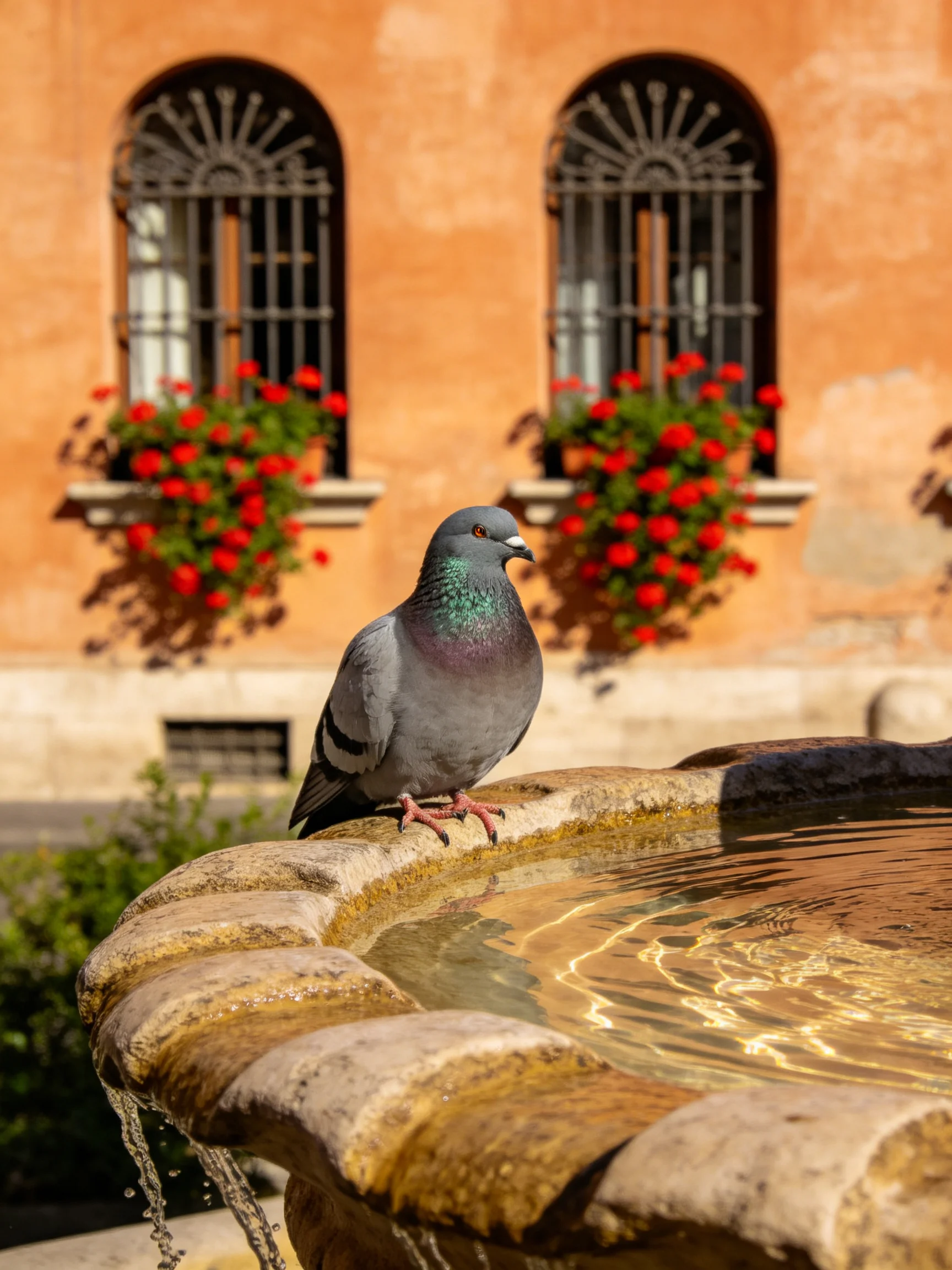 A gray pigeon perches by a weathered stone fountain near terracotta buildings