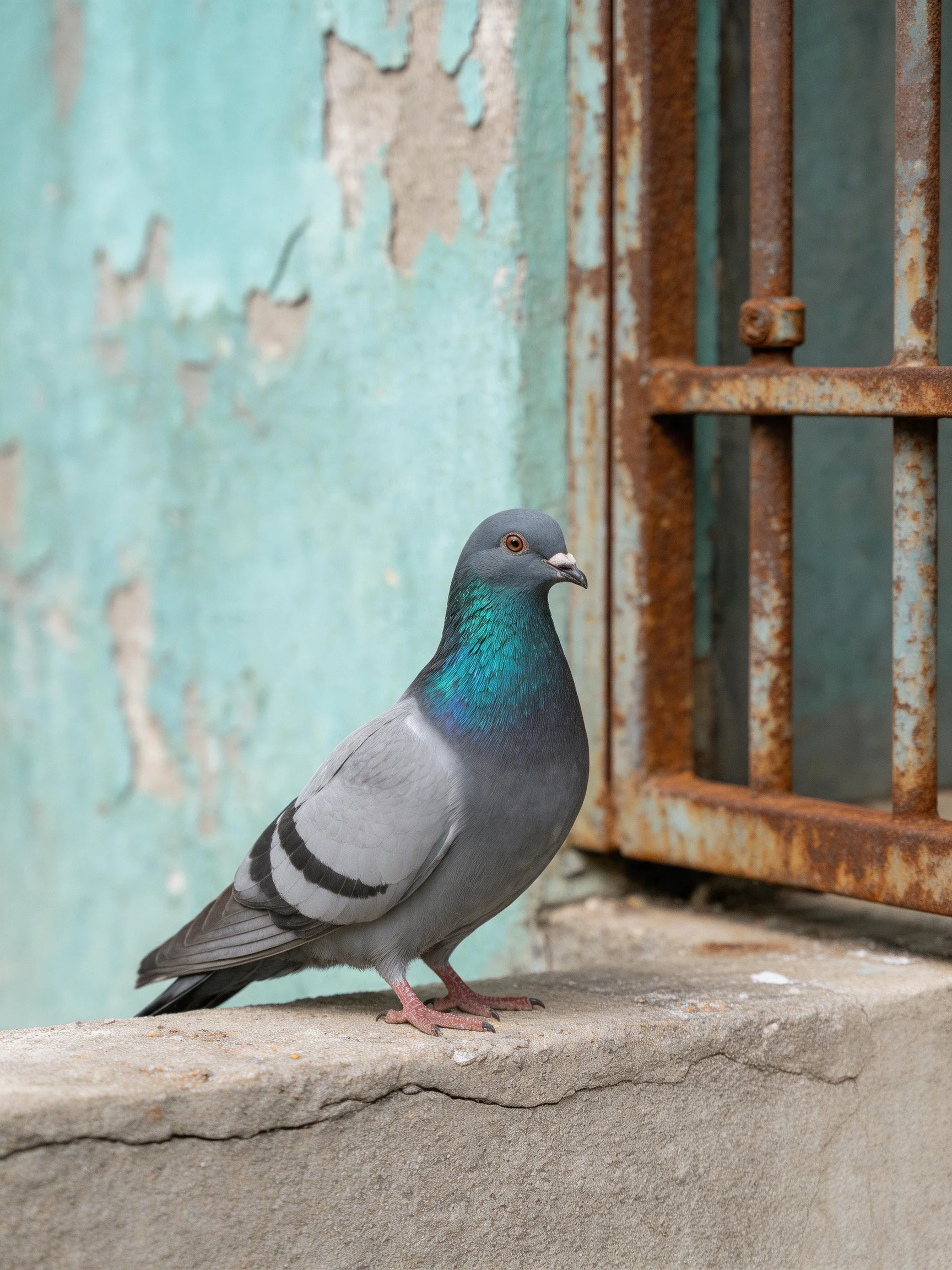 A gray pigeon perches near a weathered teal wall and rusted metal window