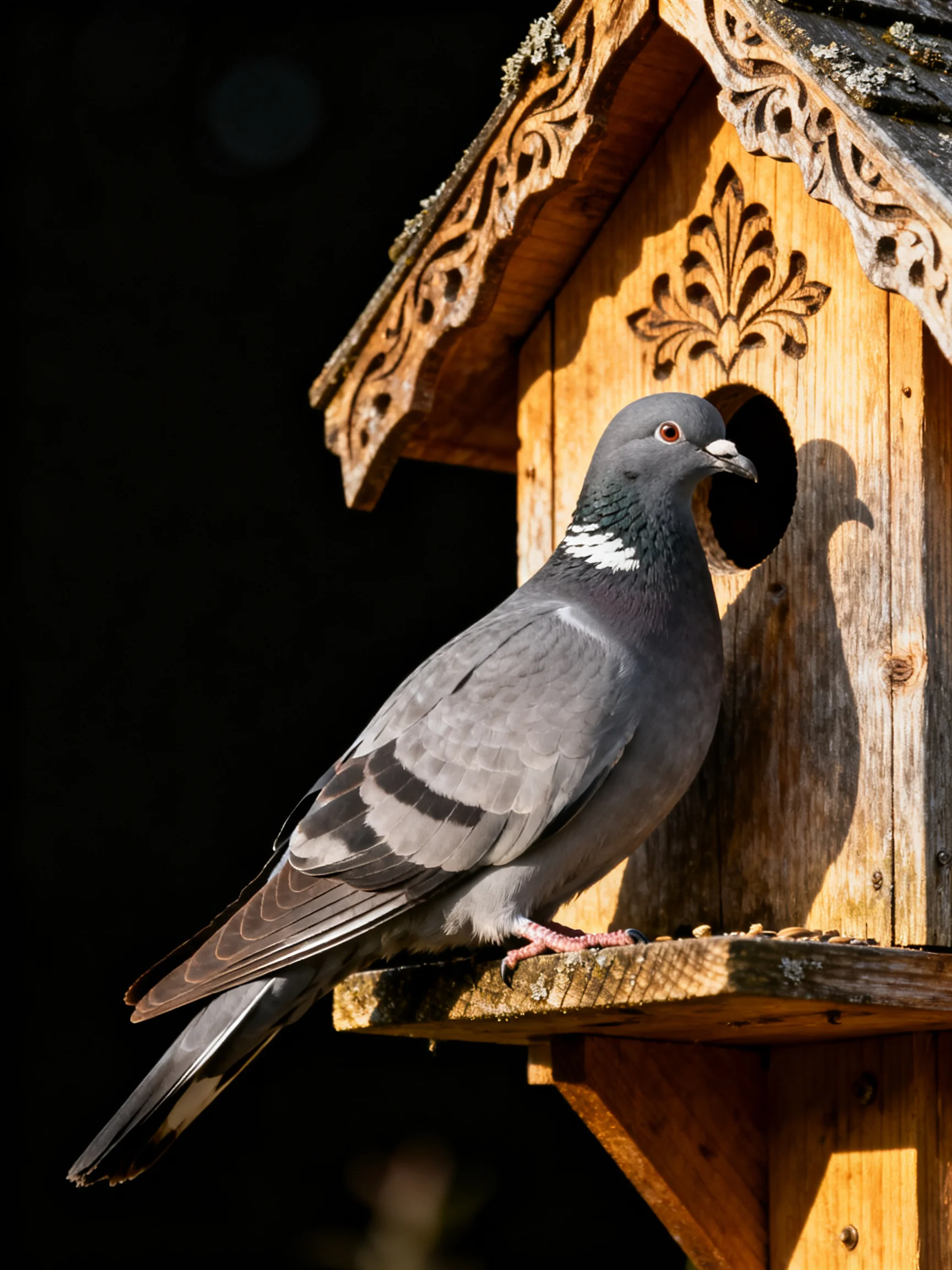 A gray pigeon perches near an ornately