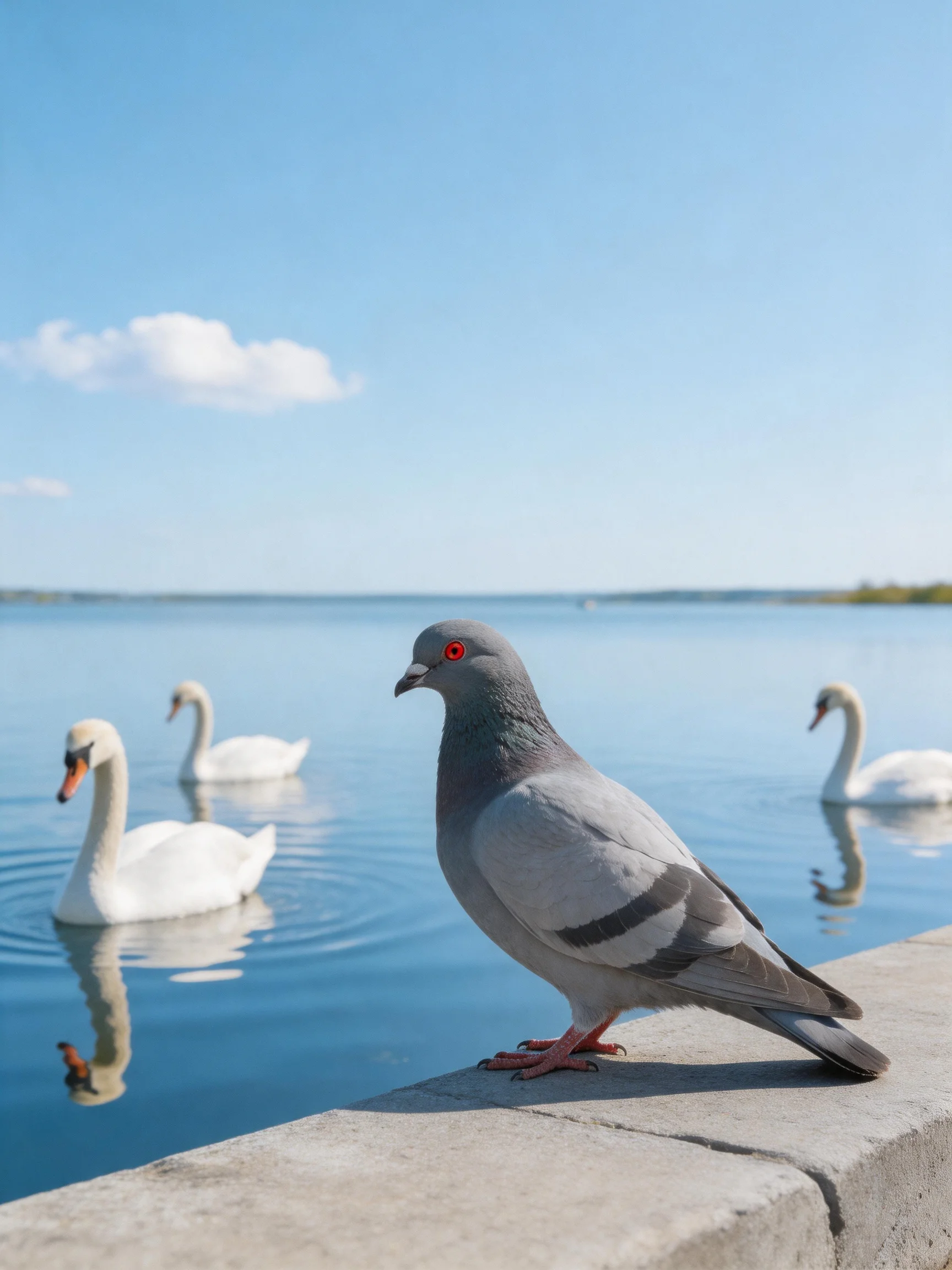 A gray pigeon stands beside a body of water with three white swans swimming nearby.