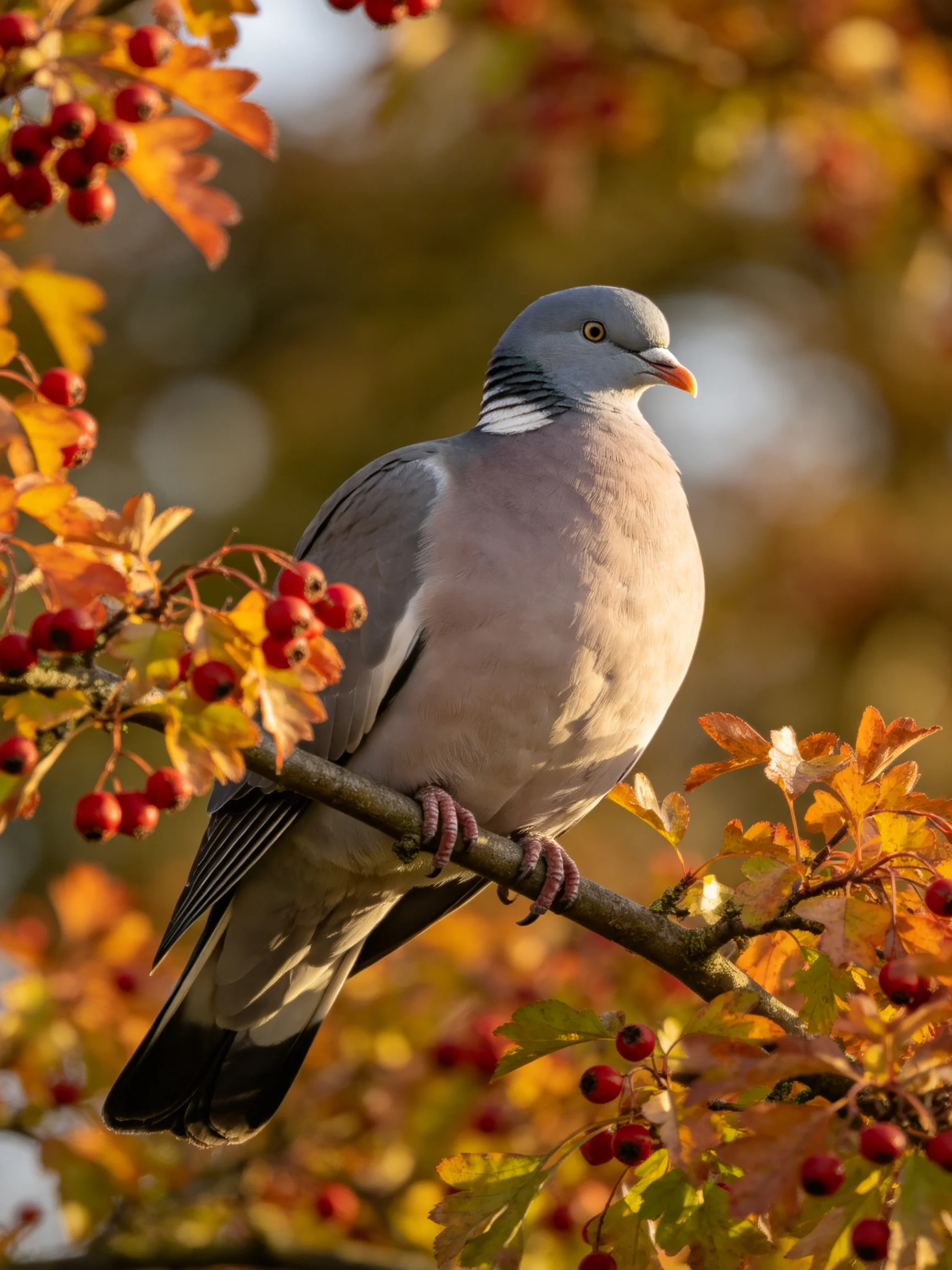 A gray pigeon perches near vibrant red berries and golden autumn leaves