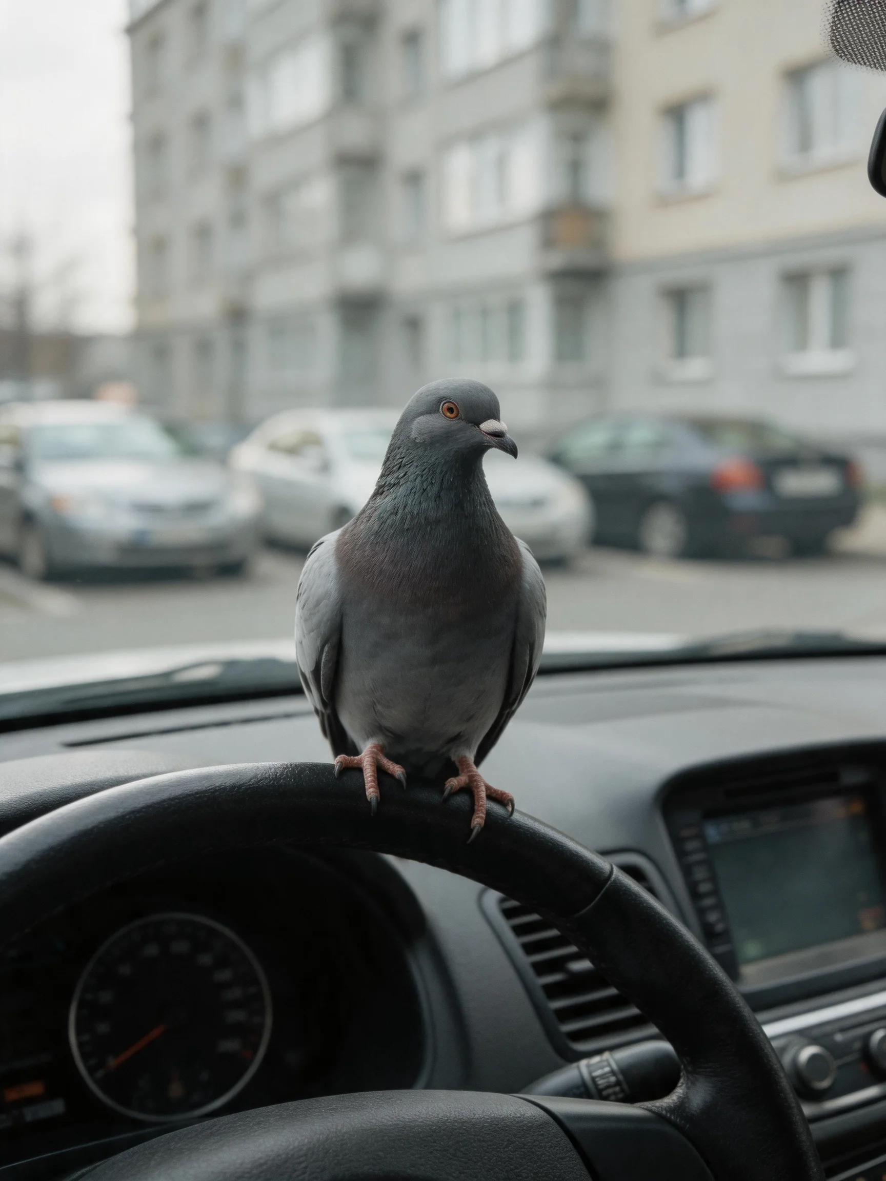 A gray pigeon perches on a black car steering wheel near parked cars and buildings