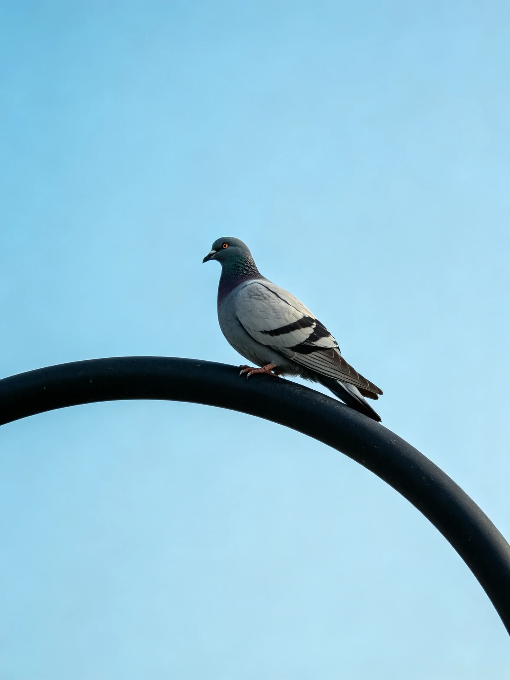 A gray pigeon perches on a black curved metal bar under clear blue sky