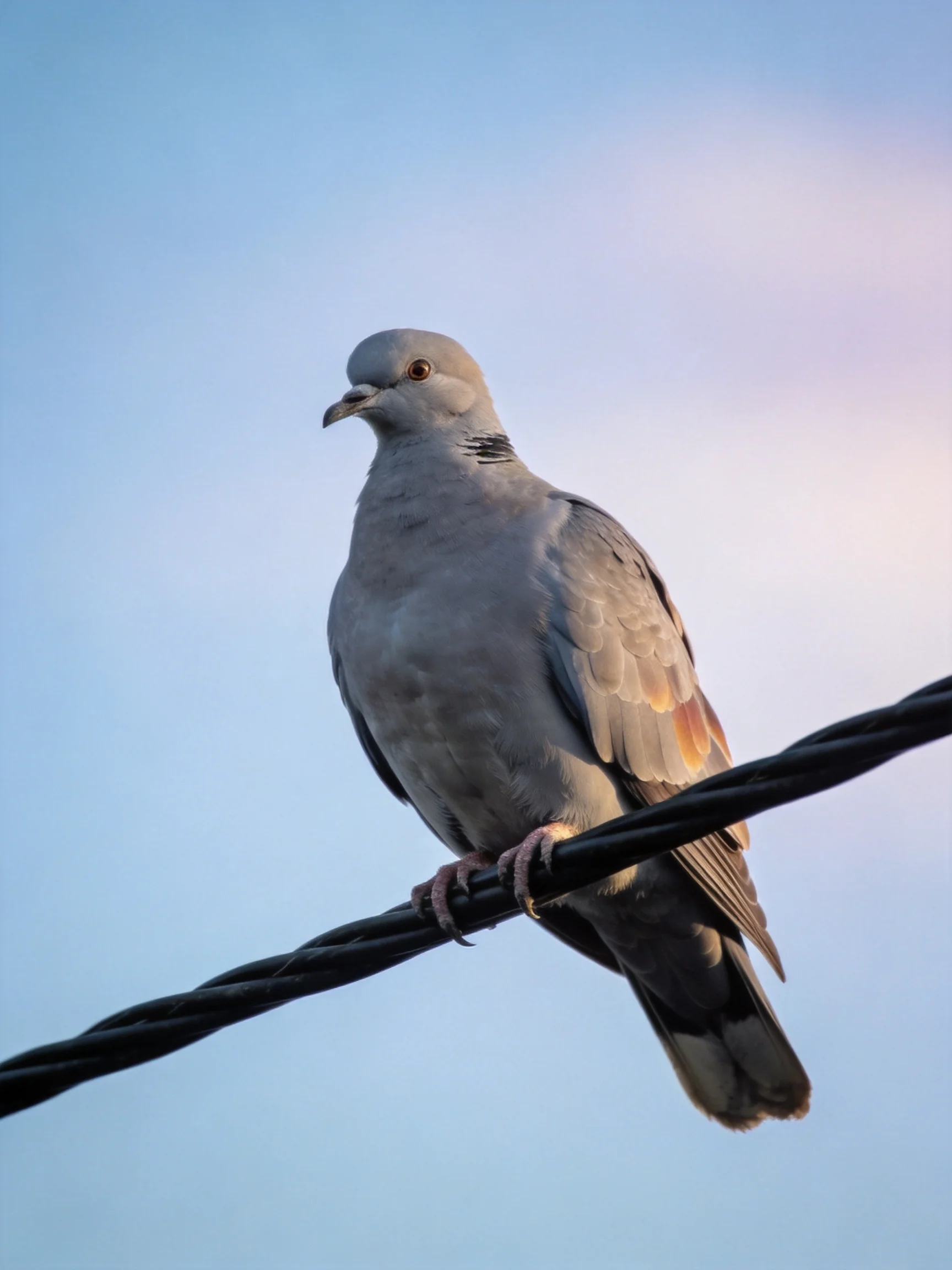 A gray pigeon perches on a black wire against a clear blue sky