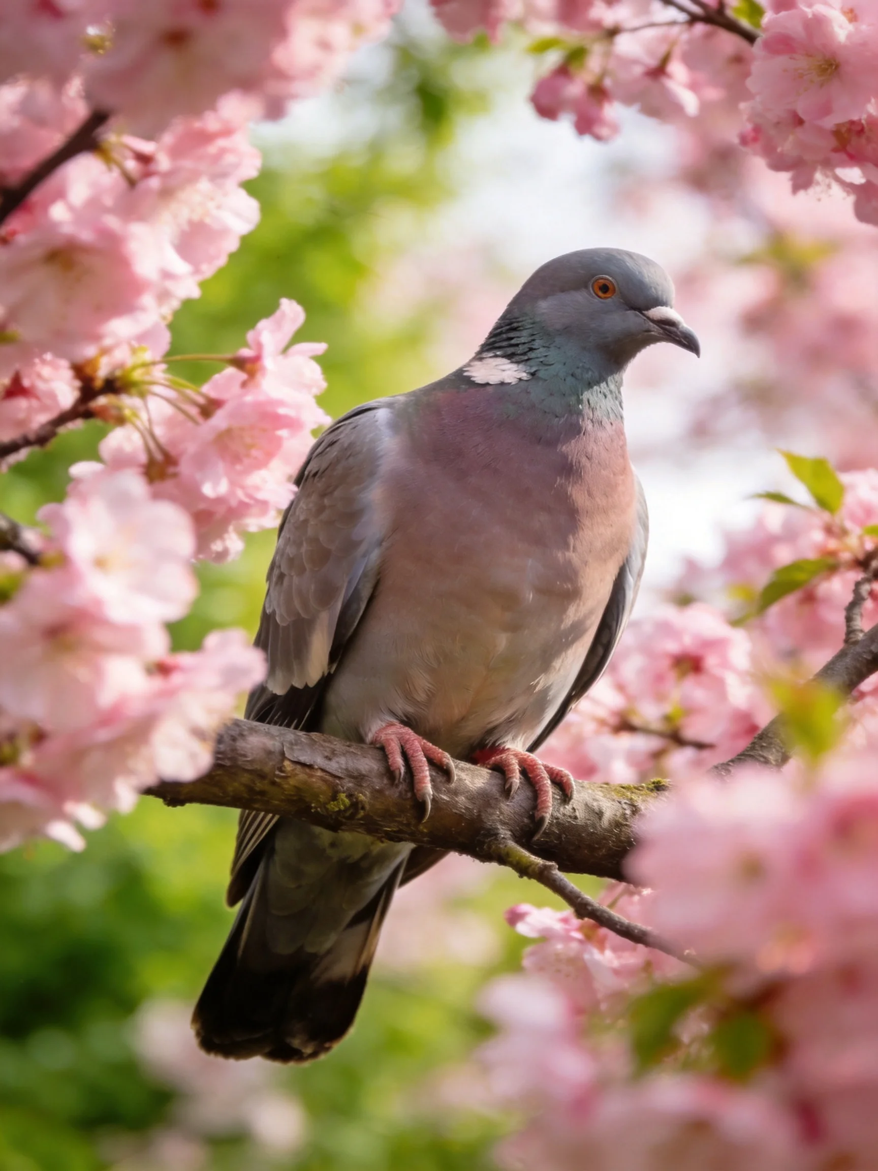 A gray pigeon perches on a branch amid pink cherry blossoms