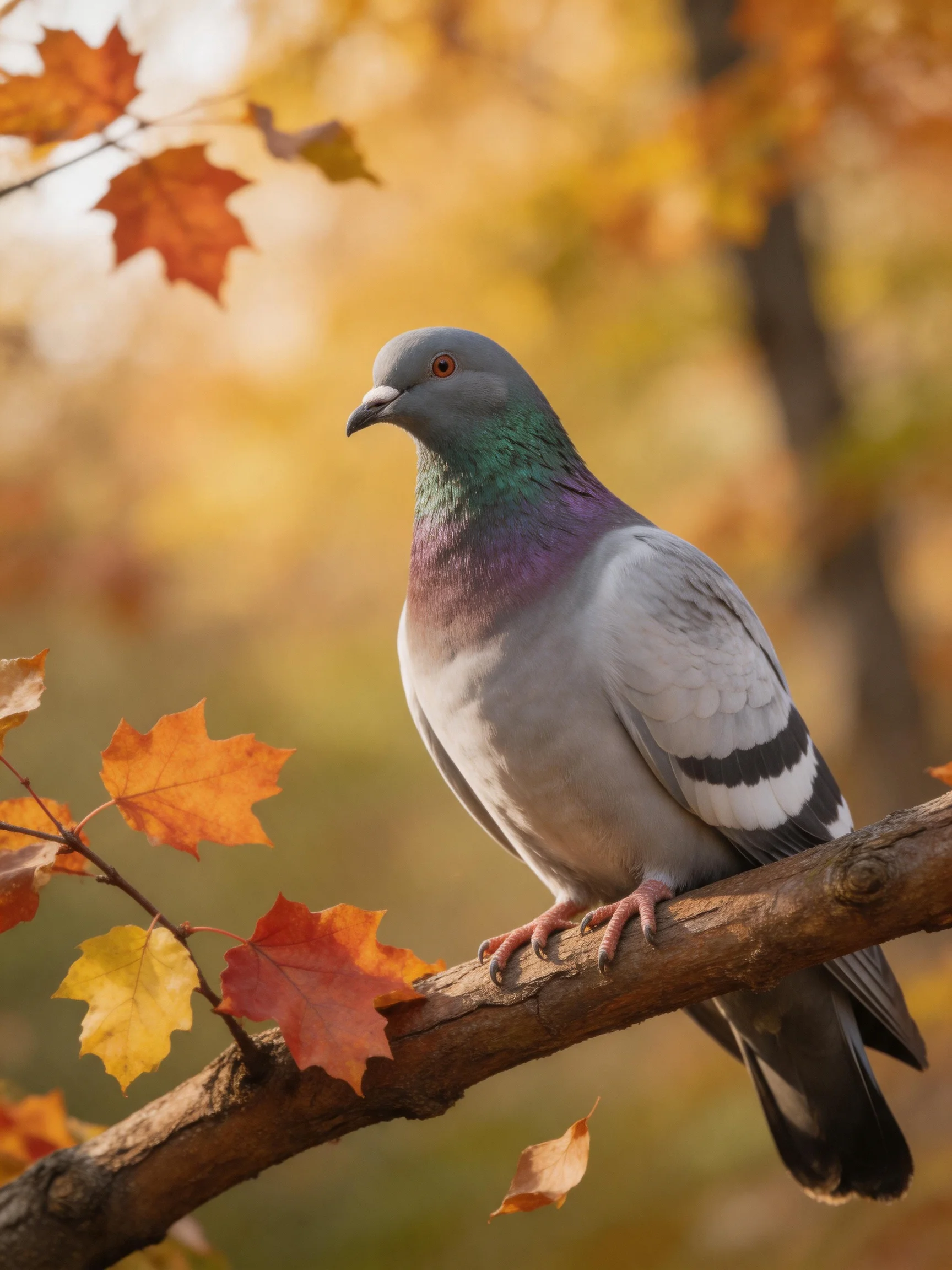 A gray pigeon perches on a branch among autumn leaves