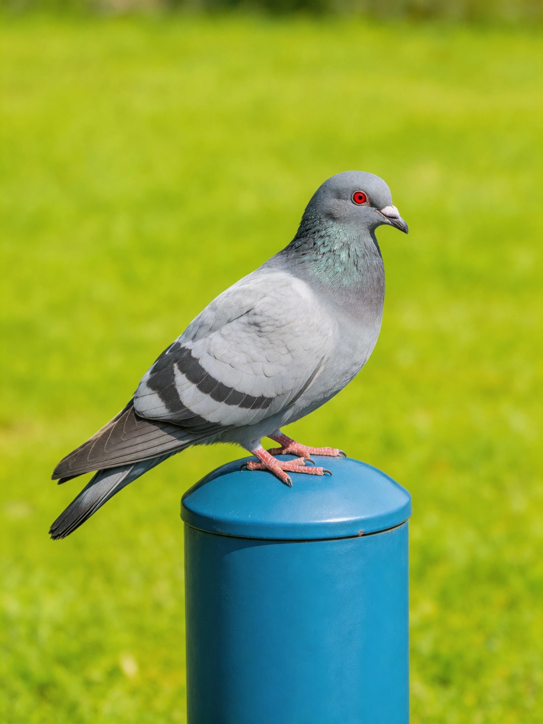 A gray pigeon perches on a bright blue cylindrical post near lush green grass