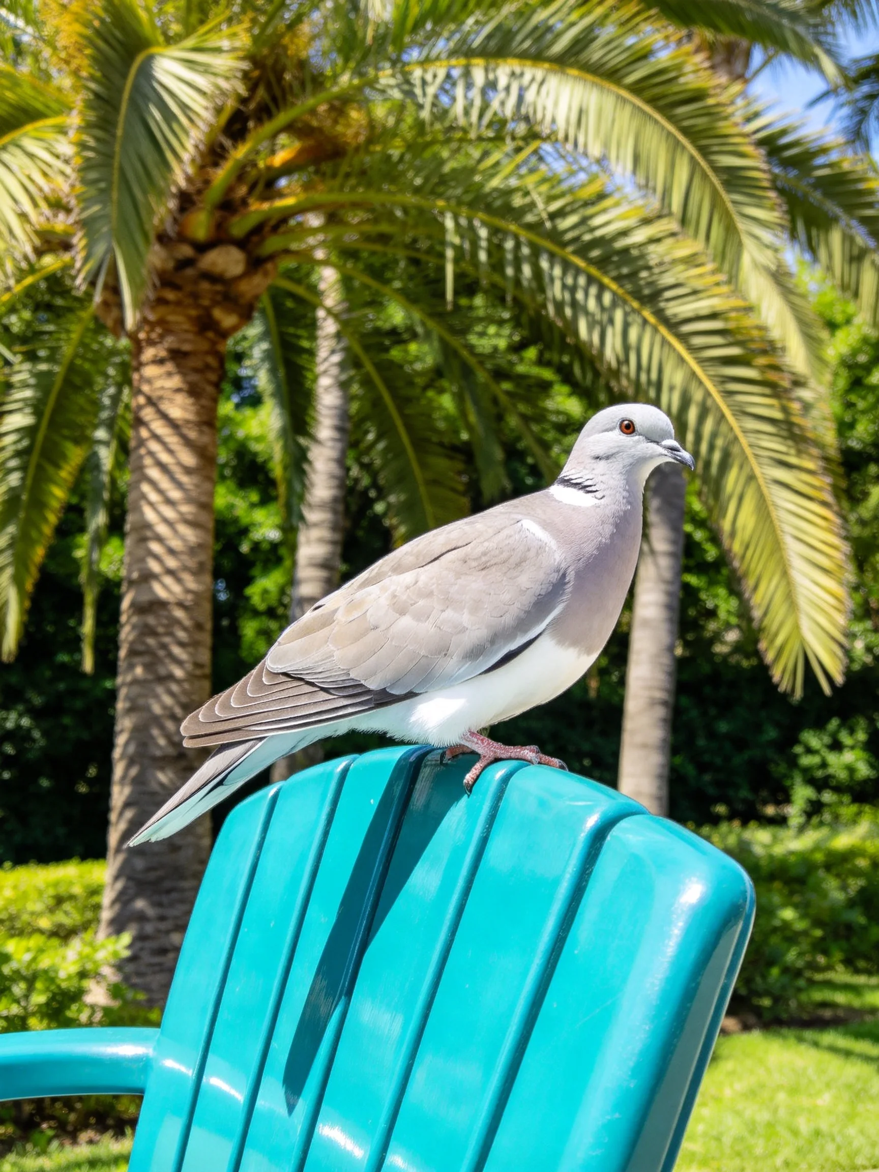 A gray pigeon perches on a bright turquoise chair near palm trees