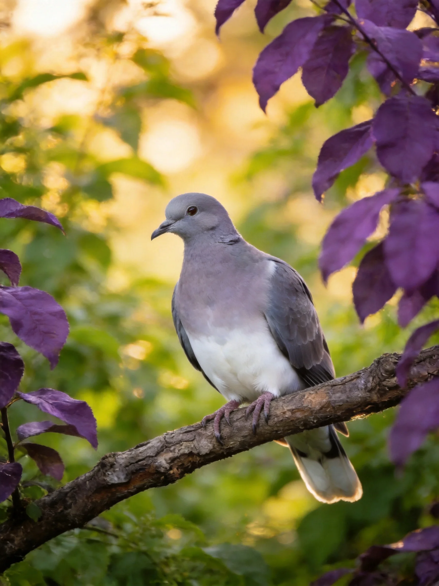 A gray pigeon perches on a brown branch amid purple and green foliage