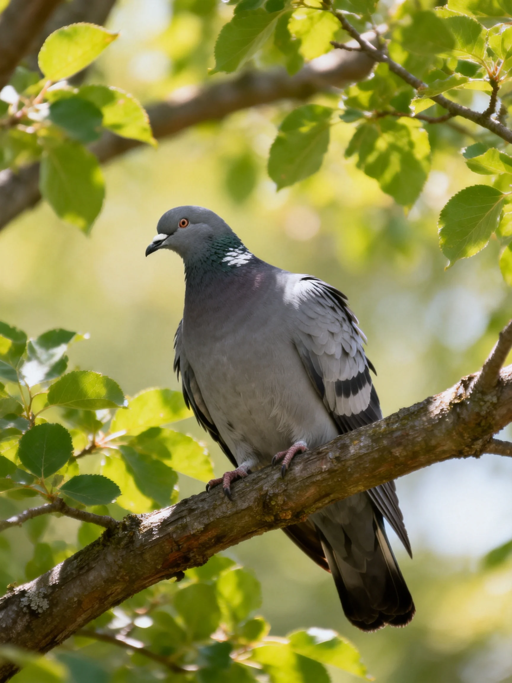 A gray pigeon rests on a tree branch surrounded by green leaves