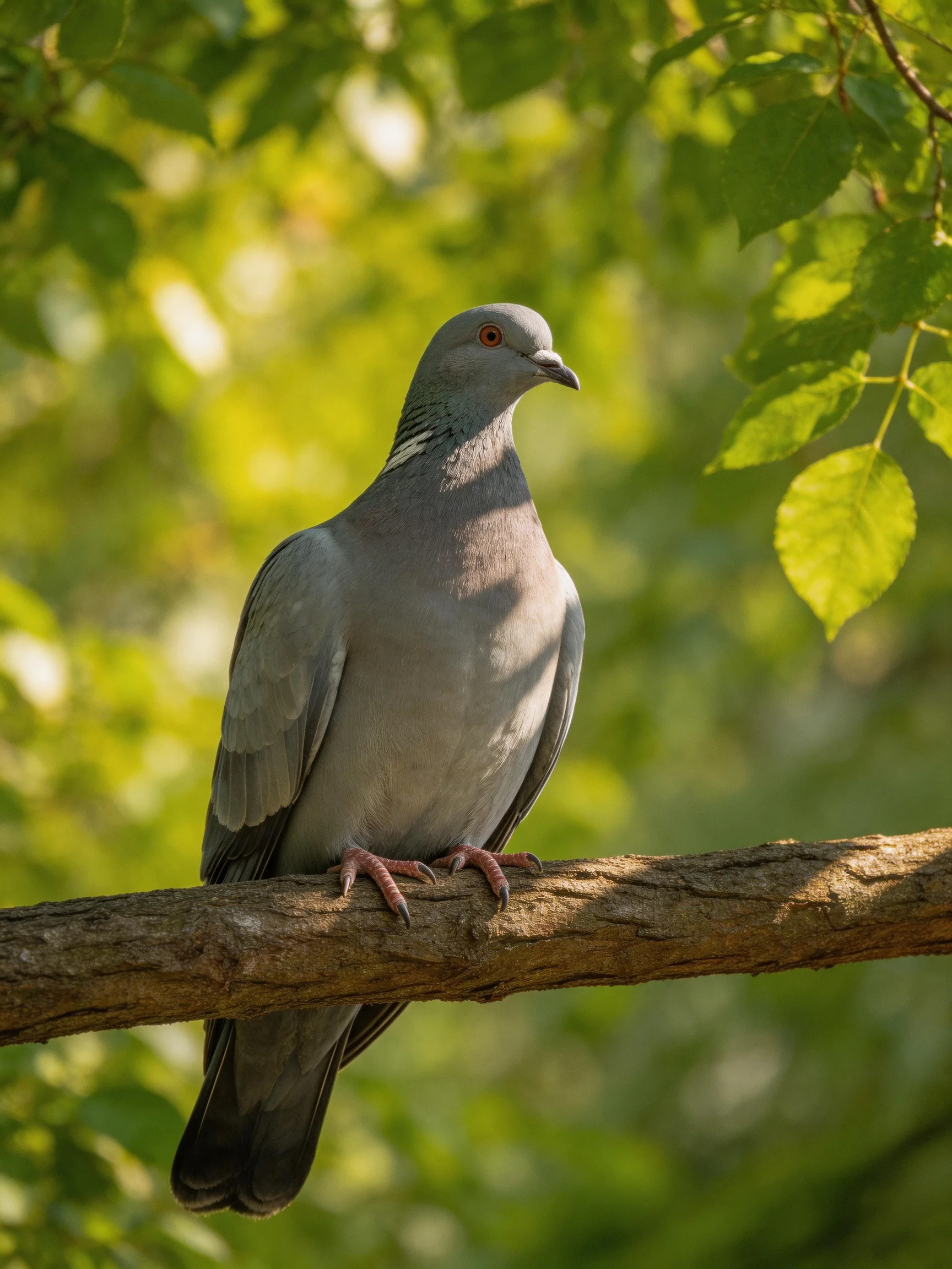 A gray pigeon rests on a tree branch surrounded by vibrant green leaves.