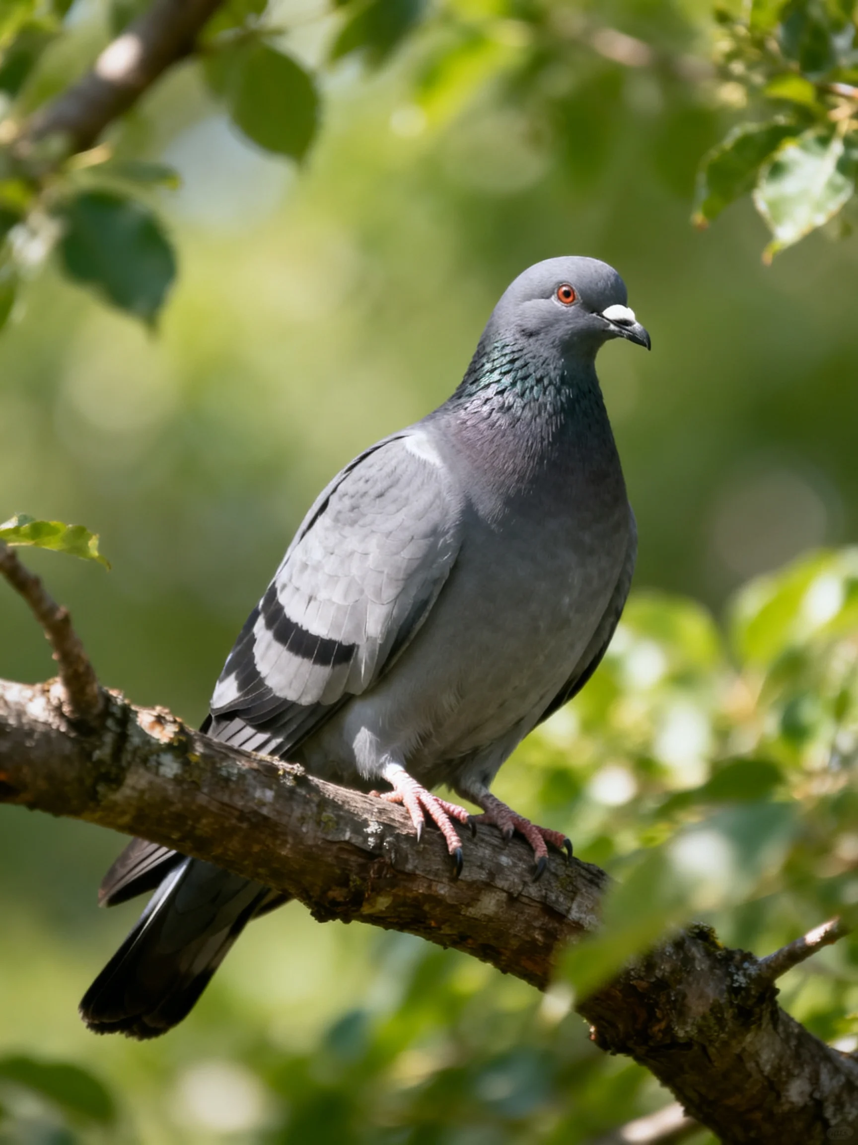 A gray pigeon rests on a tree branch surrounded by green leaves