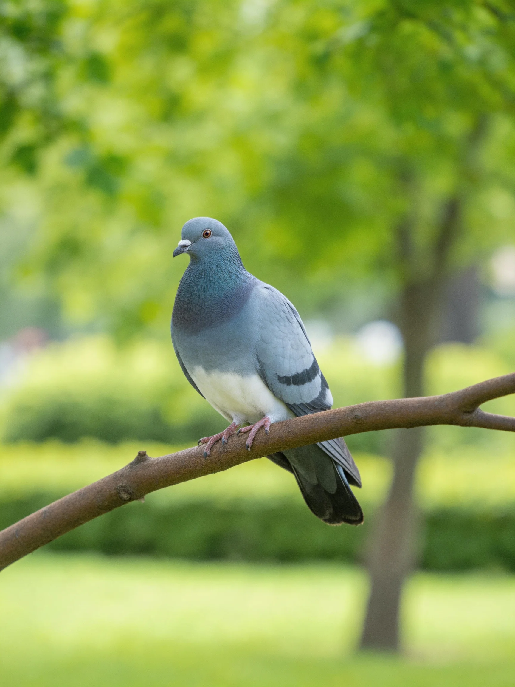A gray pigeon perches on a brown tree branch amid lush greenery