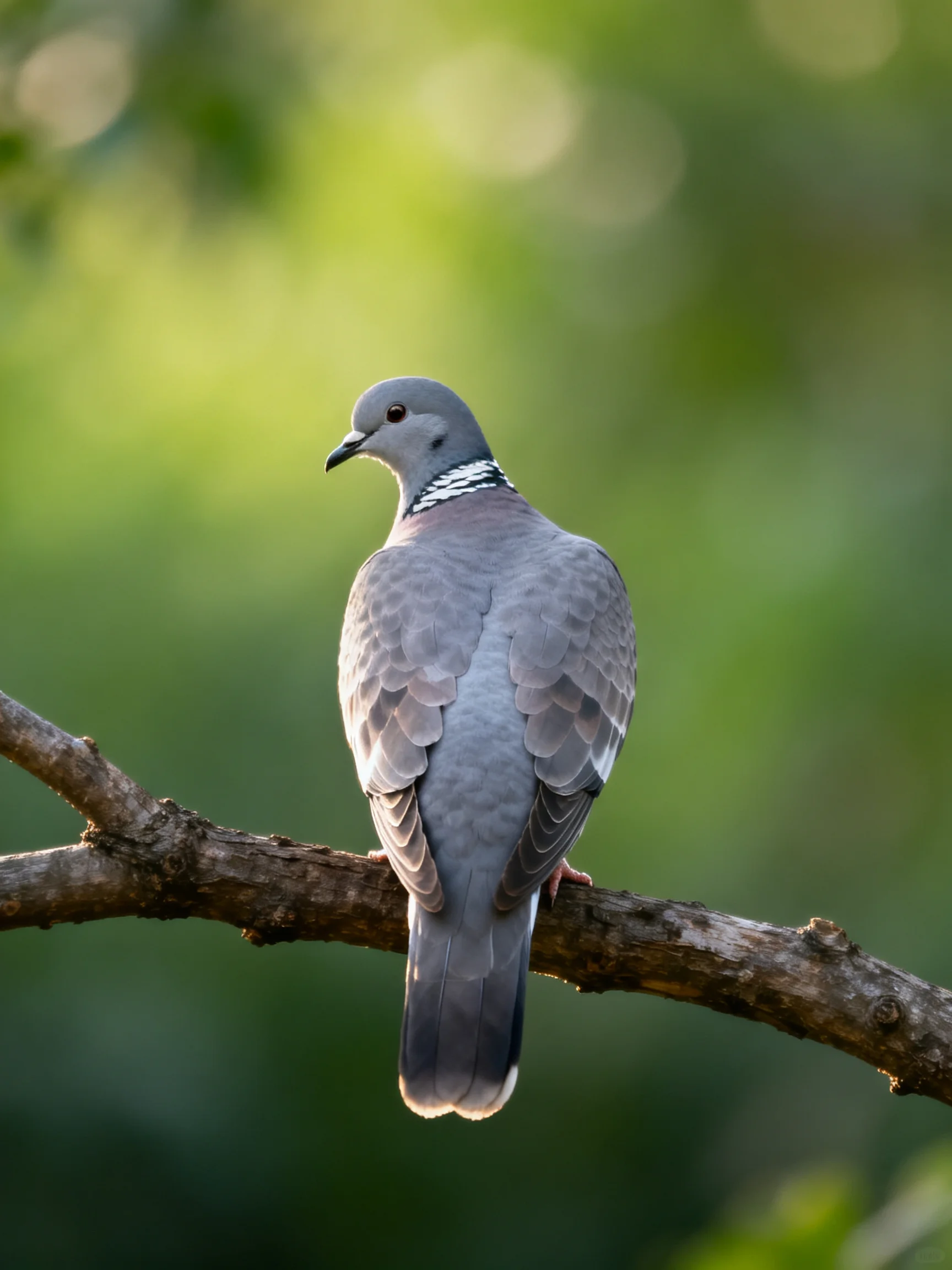 A gray pigeon rests on a brown tree branch in a verdant setting.