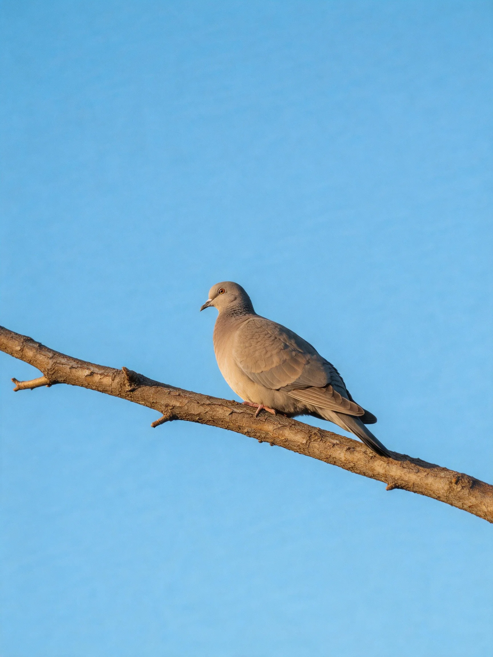 A gray pigeon perches on a brown tree branch under a clear blue sky