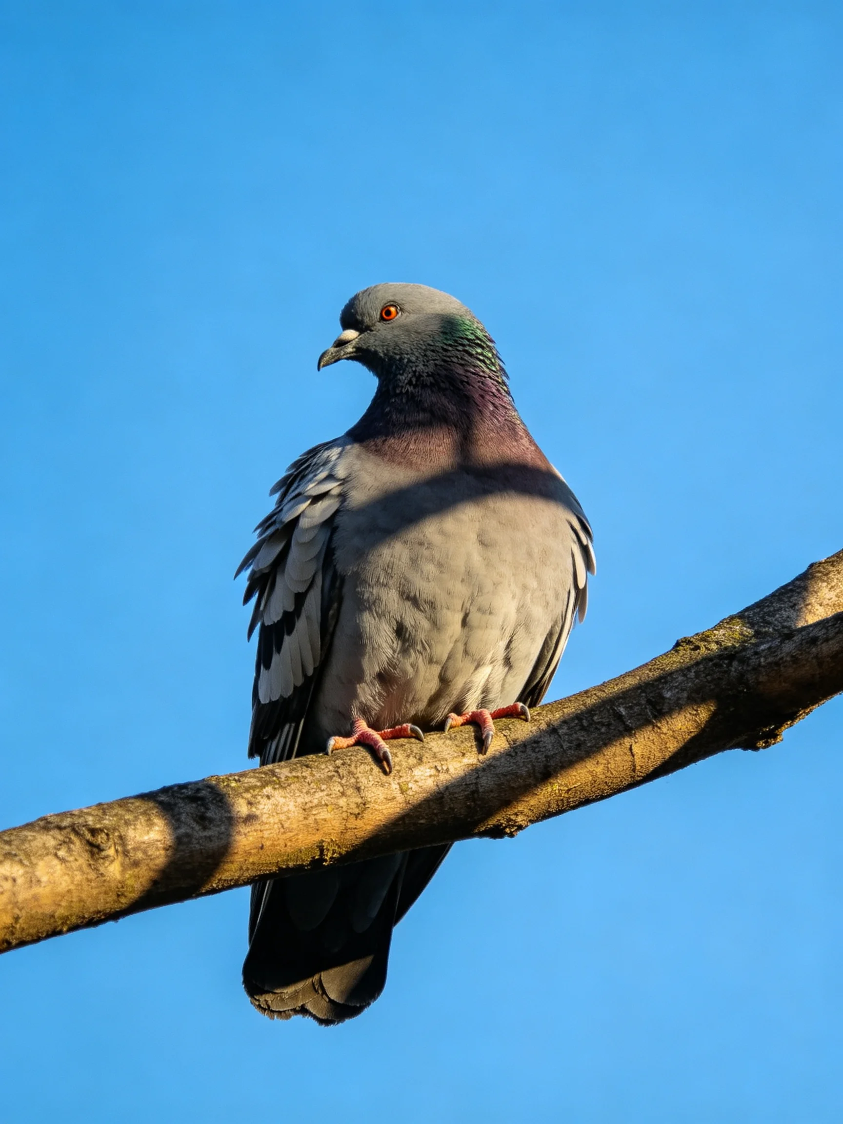 A gray pigeon perches on a brown tree branch under clear blue sky
