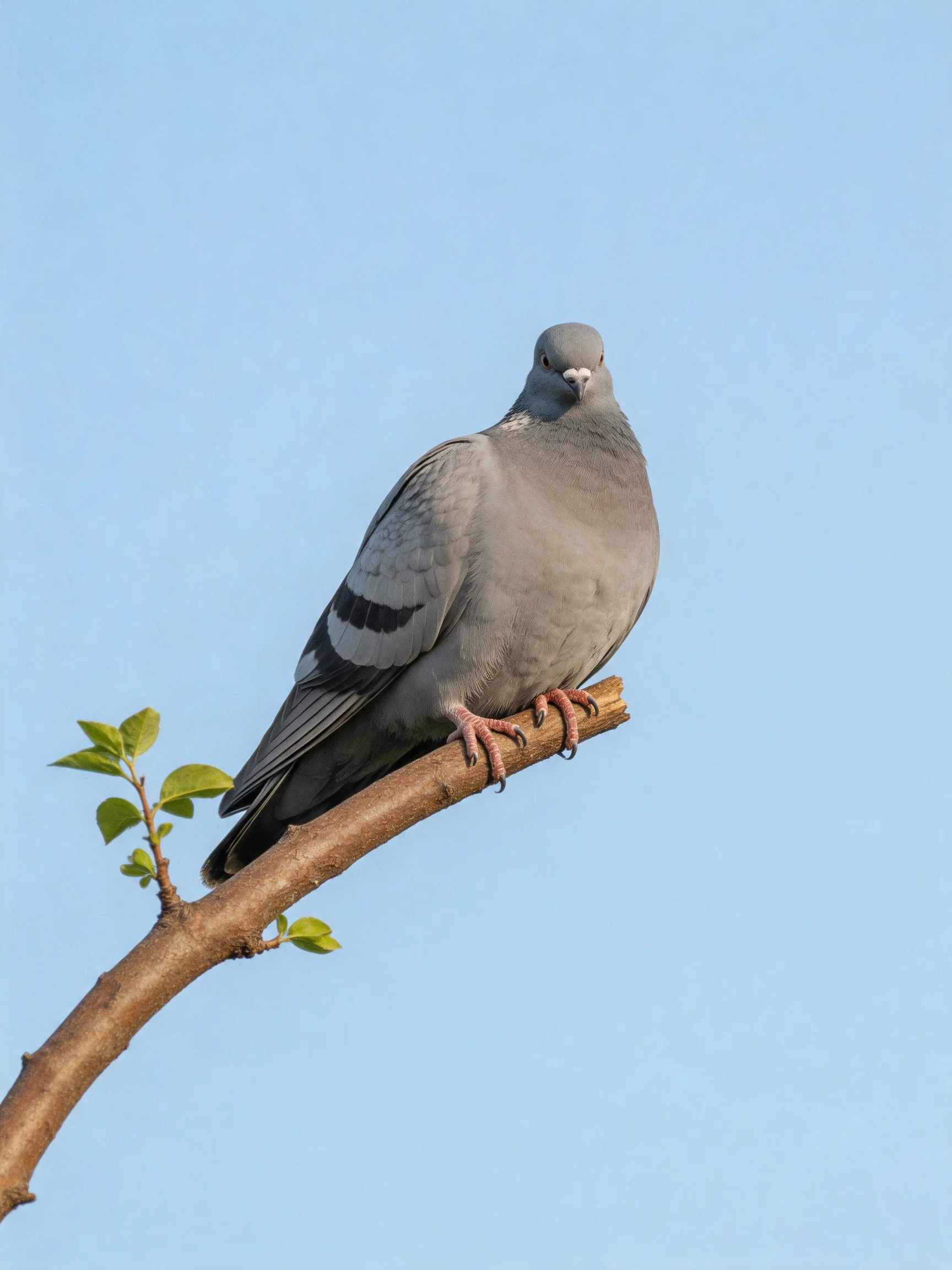 A gray pigeon perches on a brown tree branch with small green leaves