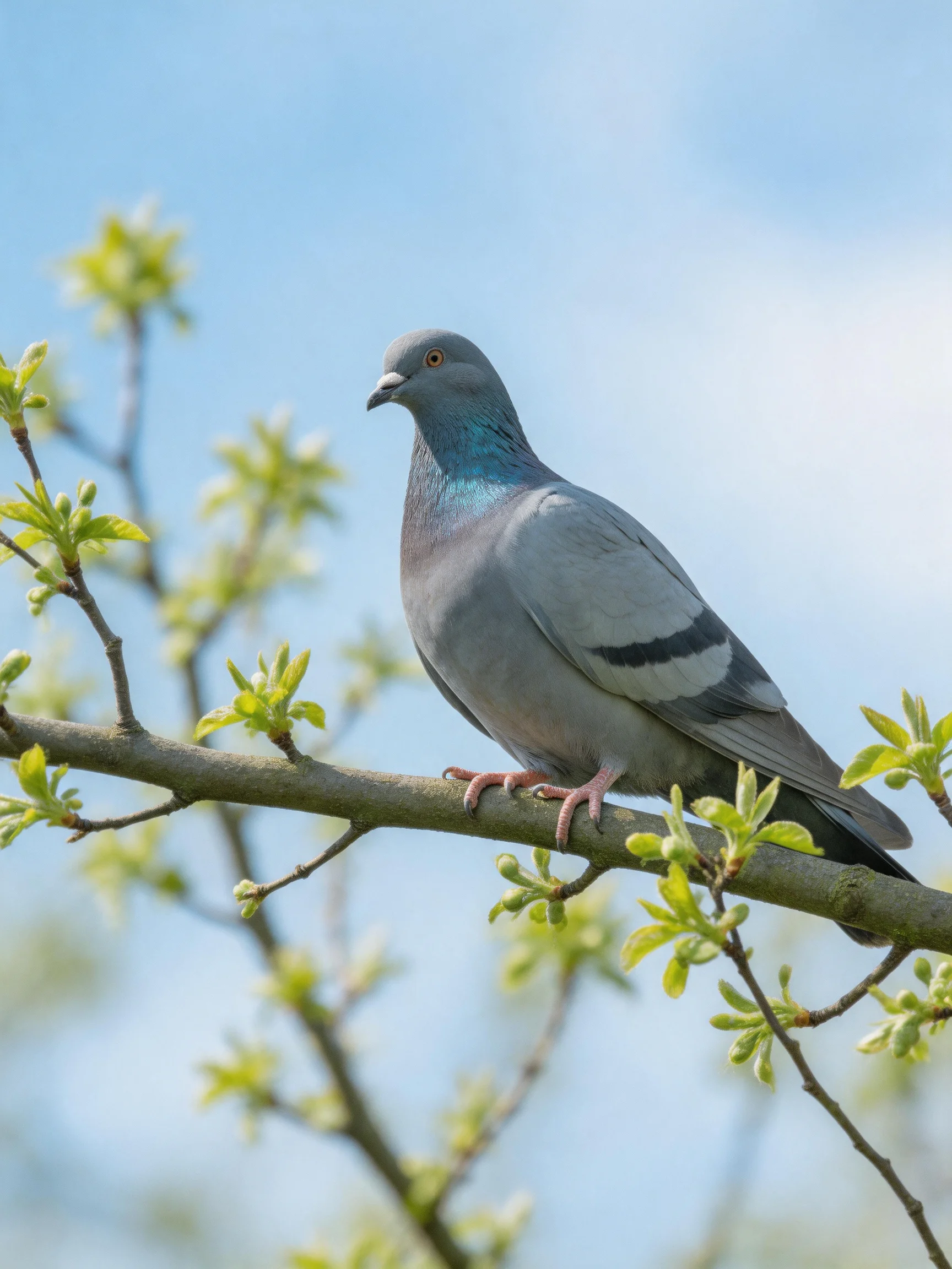 A gray pigeon perches on a tree branch surrounded by budding leaves.