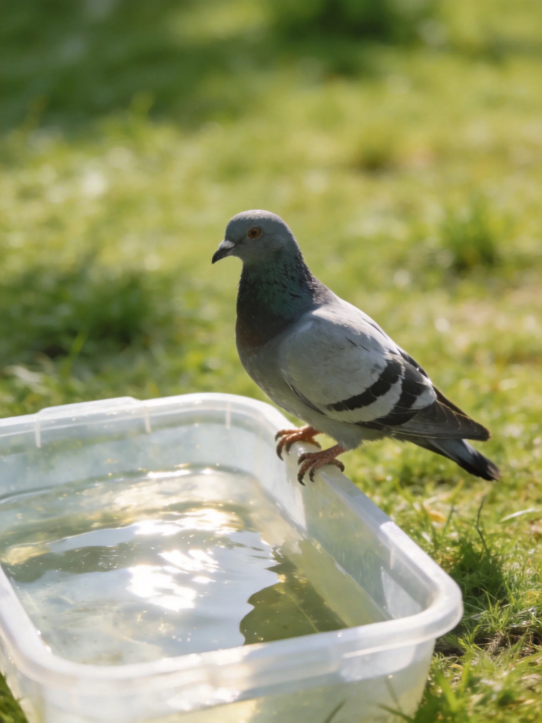 A gray pigeon perches on a clear plastic container of water on grass
