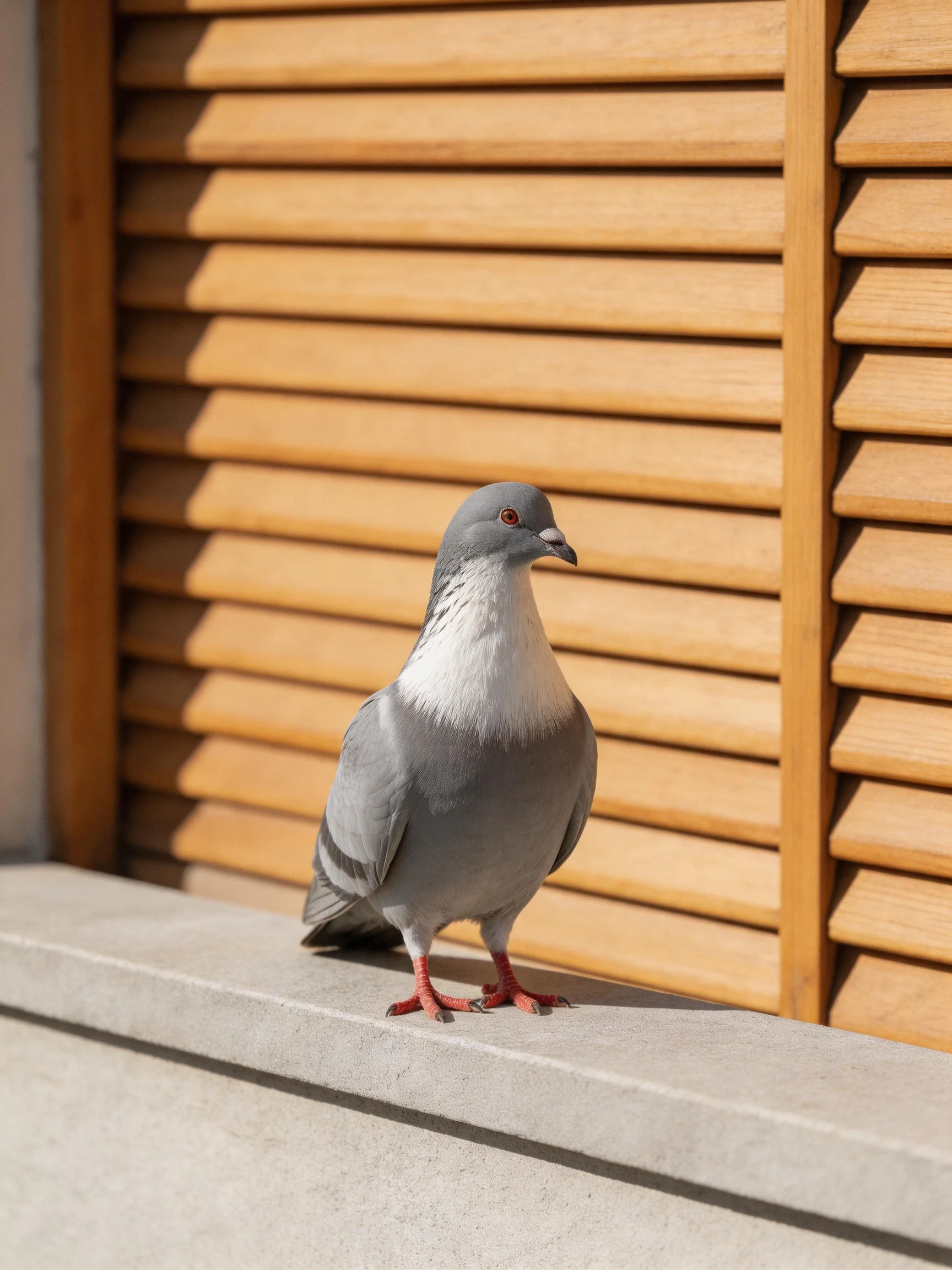 A gray pigeon perches on a concrete ledge near wooden shutters