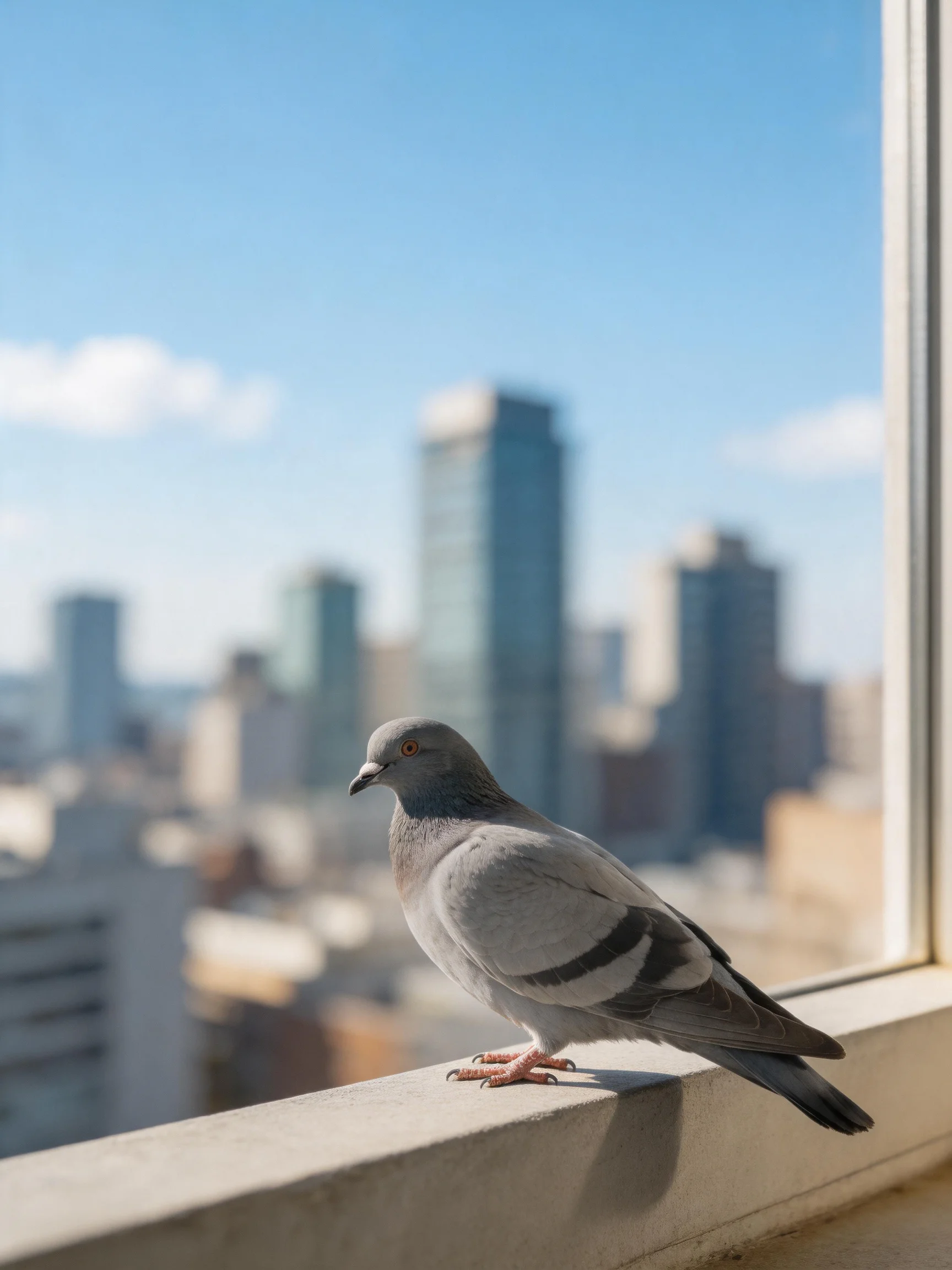 A gray pigeon perches on a concrete windowsill near a blurred cityscape