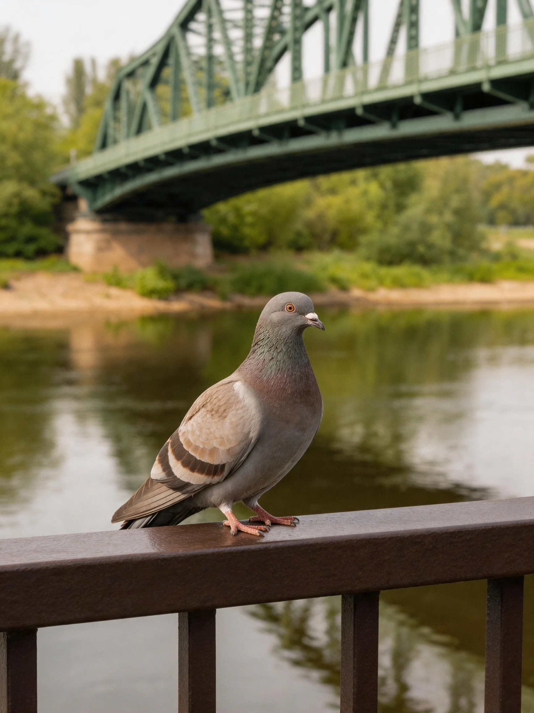 A gray pigeon sits on a railing next to a green metal bridge over calm water.